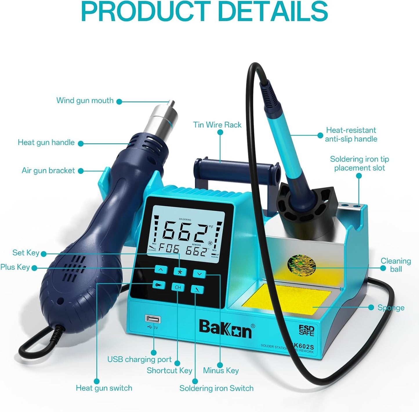 BK602S 2 in1 Soldering Iron Hot Air Rework Station,Digital Soldering Welding Iron Kit for Electronic DIY Circuit Work, Rapid Heat up Solder Station,Auto Sleep,ºC/ºF Conversion