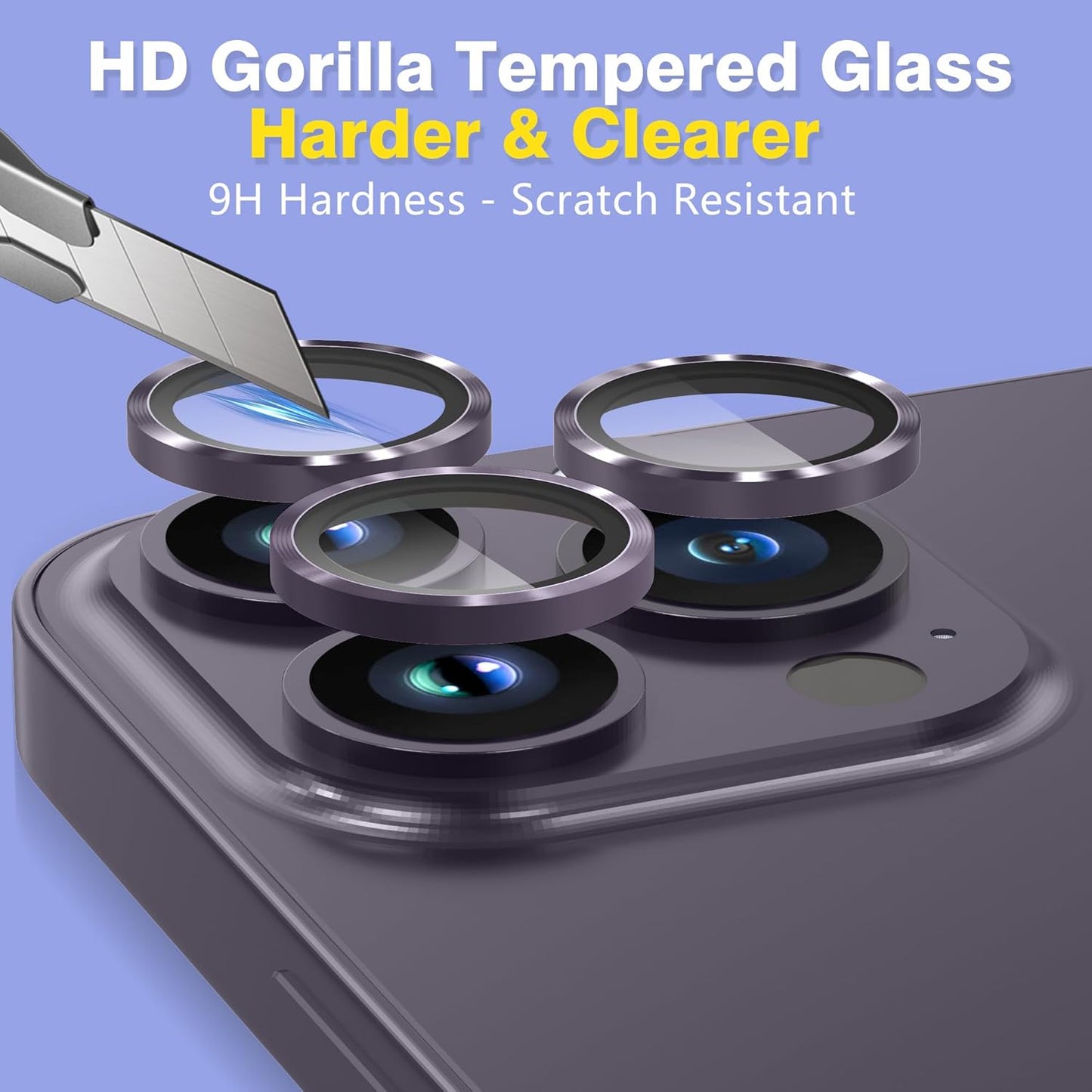 AGVEE 3+3 6 Pack for iPhone 14 Pro 6.1" / 14 Pro Max 6.7" Camera Lens Cover Protector, Metal Ring 9H Tempered HD Glass Camera Cover Protector Film, Purple