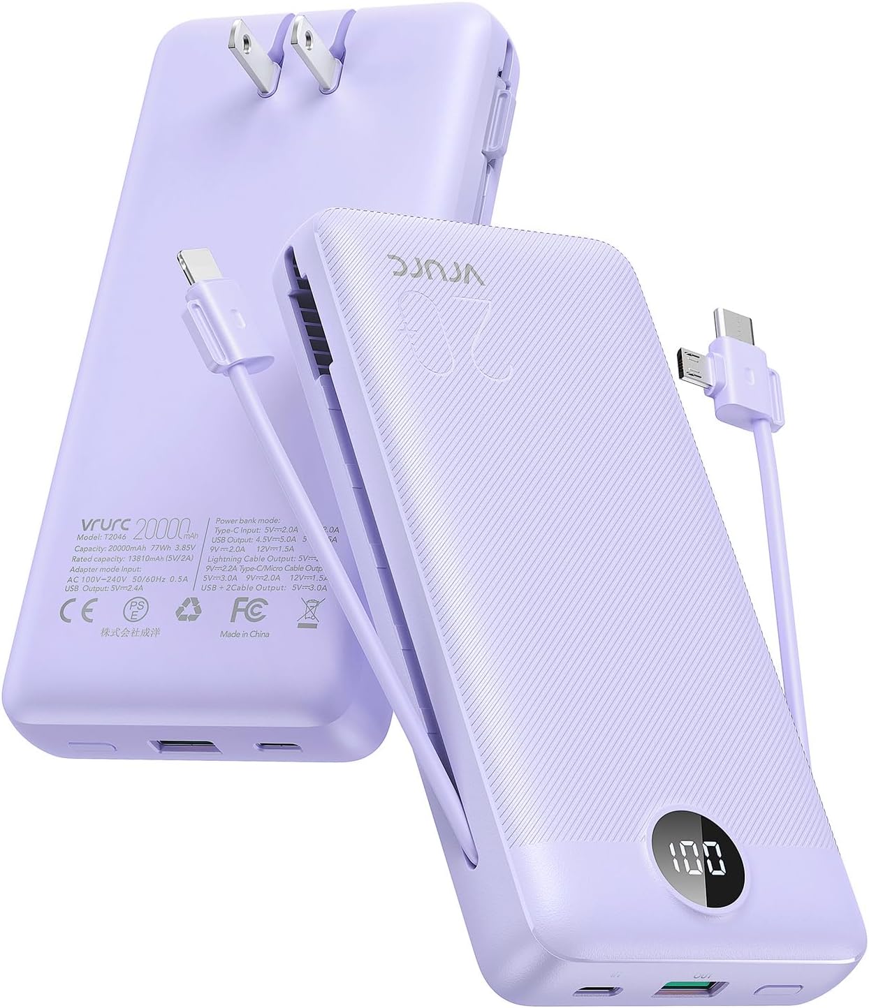 VRURC Portable Charger 20000mAh, Fast Charging Power Bank USB C,4 Output 2 Input Travel Essentials Charging Bank Equipped with LED Display,Built-in Wall Plug and Cables,Phone Charger Battery,Purple