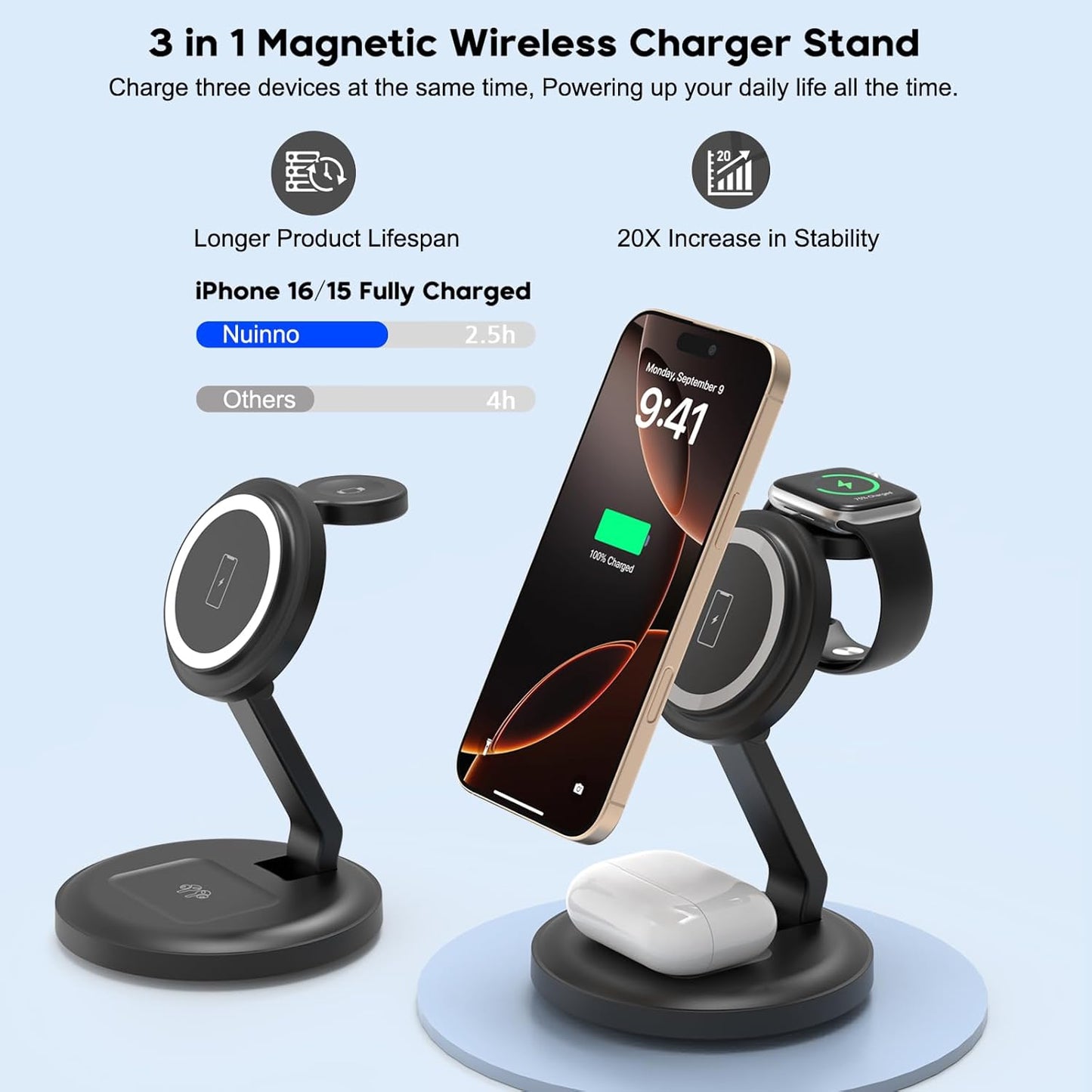 Charging Station, 3 in 1 Foldable Wireless Charger iPhone Charging Station Charger Stand Multiple Devices for Apple, with PD Adapter and USB C Cable for iPhone 16 15 14 Pro & iWatch&AirPods All Series