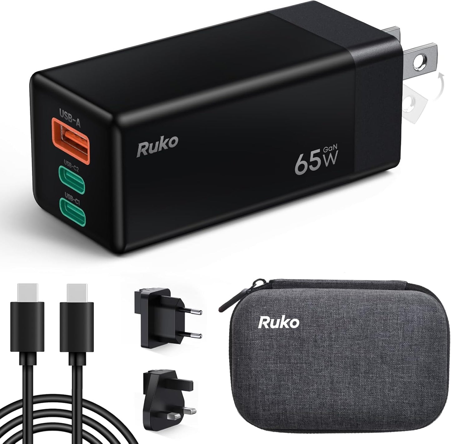 Ruko 65W USB C Charger, 3 Port International Travel Charger Kit, GaN Fast Charging Block with Portable Bag Cable UK EU Plug for iPhone 16/Pro, Galaxy S24, MacBook, iPad, Steam Deck, Drones