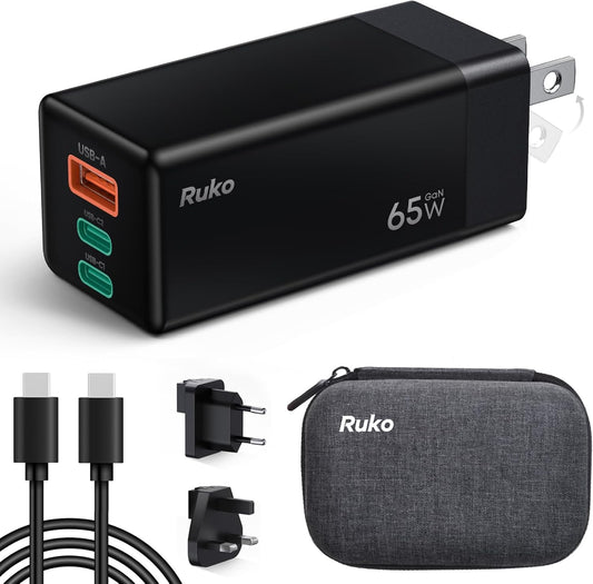 Ruko 65W USB C Charger, 3 Port International Travel Charger Kit, GaN Fast Charging Block with Portable Bag Cable UK EU Plug for iPhone 16/Pro, Galaxy S24, MacBook, iPad, Steam Deck, Drones