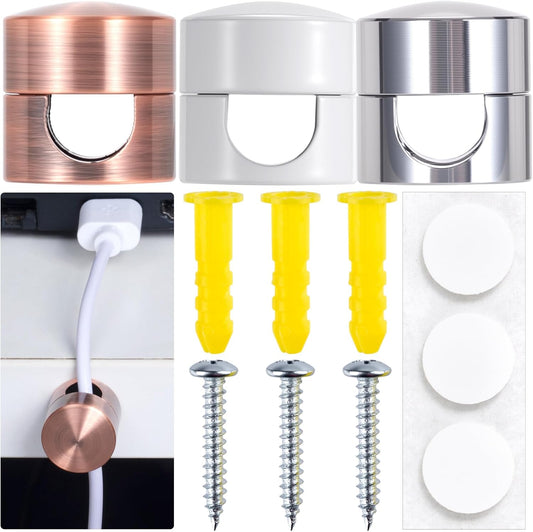 3 Sets Charger Holders for Cords, Adjustable Cable Anchor Holders, Adhesive Metal Cord Clips, Cable Management Wire Organizers for Desk, Office, Nightstand - White, Silver, Red Bronze