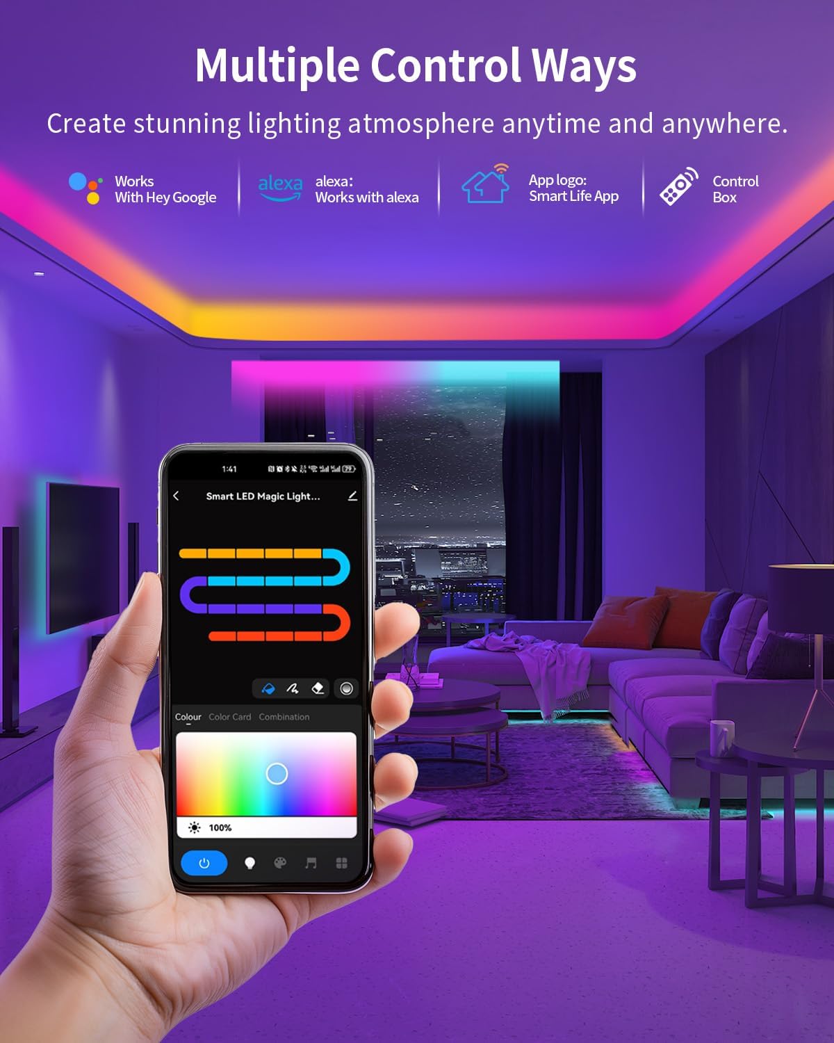 RGB+IC LED Strip Lights, Smart Bluetooth LED Light for Bedroom, Color Changing LED Strips with 44 Scene Modes, Segmented Control, for Room, Party, Festival, Gathering (32.8ft)