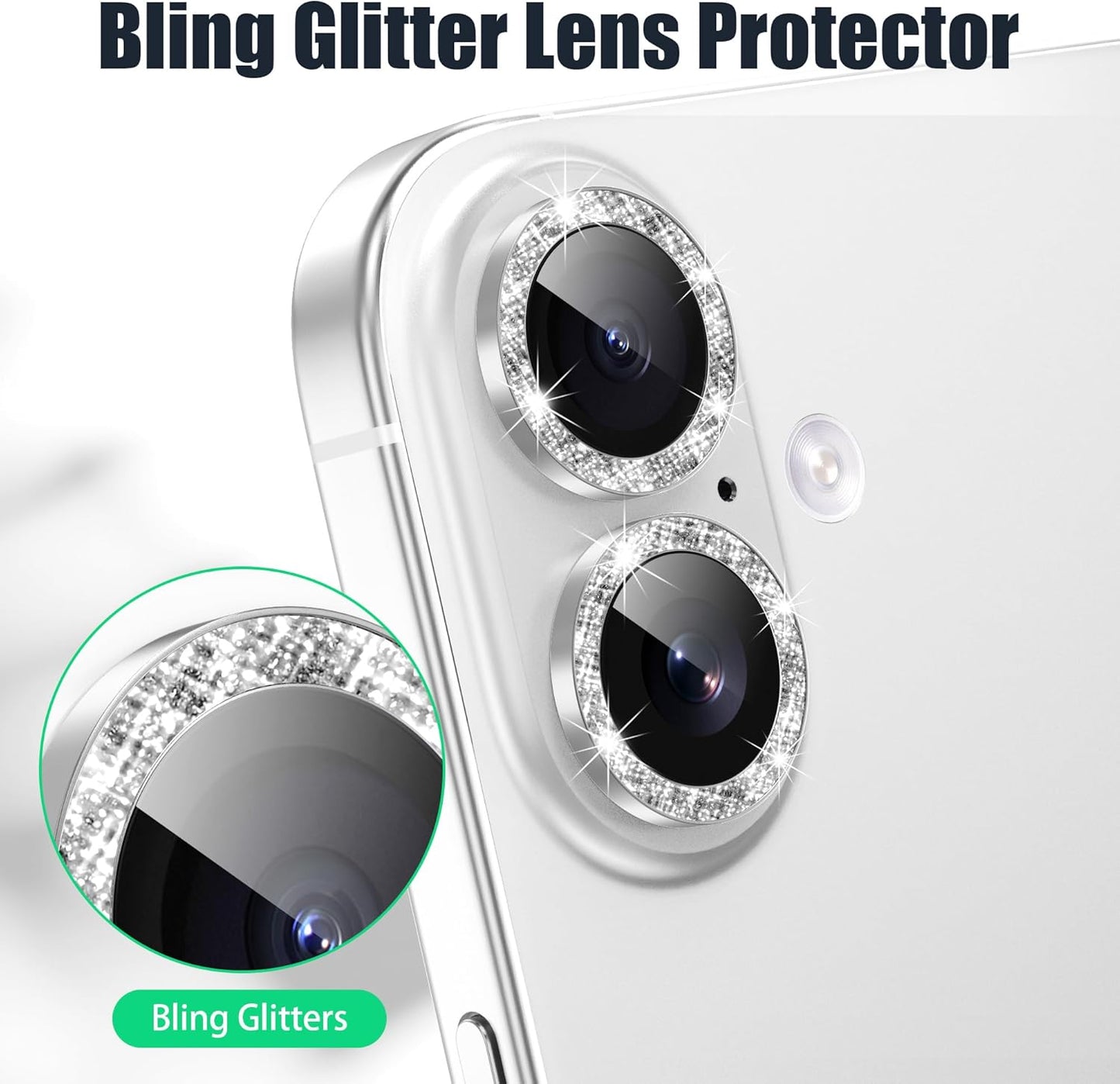 AGVEE 3+3 6 Pack for iPhone 16 6.1" / 16 Plus 6.7" Camera Lens Cover Protector, Bling Glitter & CD-Textured Metal Ring 9H Tempered HD Glass Camera Cover Protector Film, Glitter-Silver