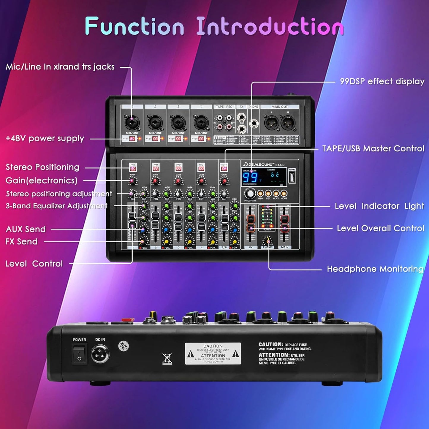 4-Channel Audio Mixer for PC, SX-4iu Mixing Console with XLR Inputs, Bluetooth, 99 Digital Signal Processor Effects, USB Interface, MP3 Compatible for Podcast, Music, Recording 9.84"x2.17"x9.84"inches