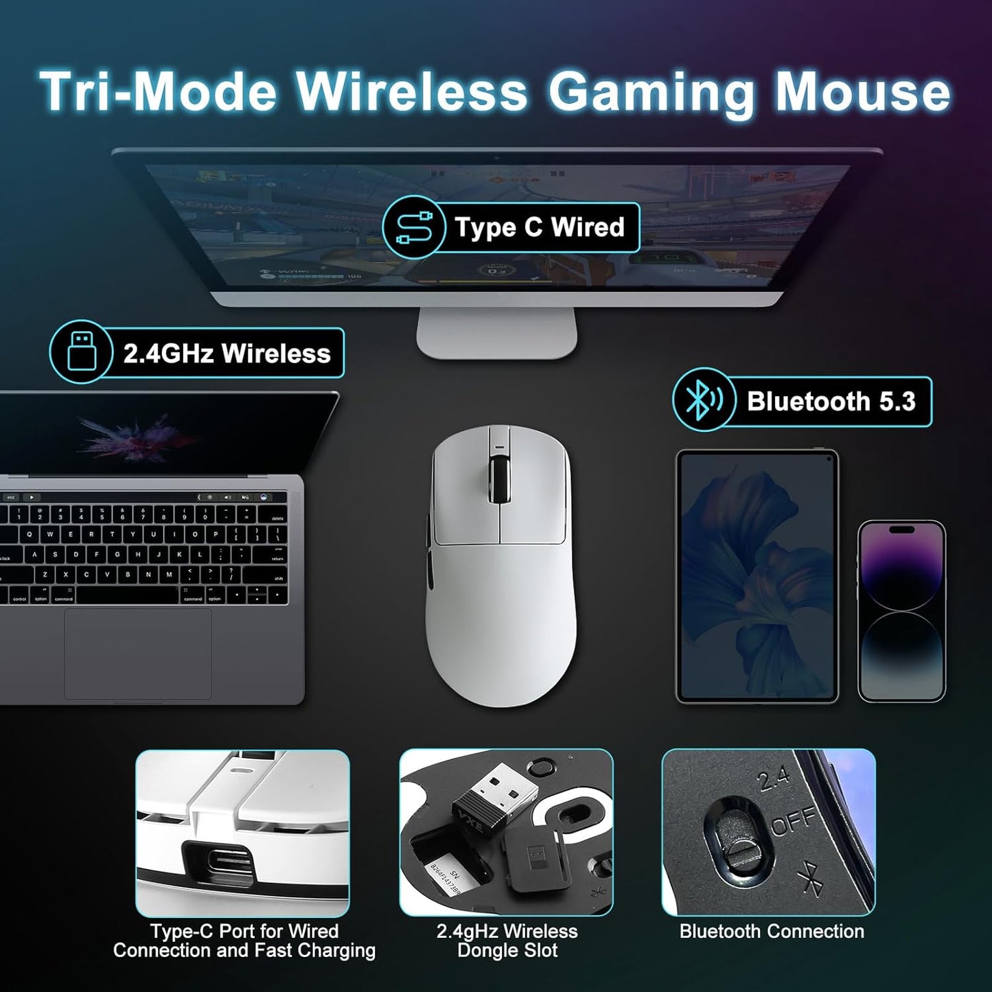R1 SE+ Wireless Gaming Mouse, 18000 DPI, High-Precision PAW3395 SE Sensor,55g Lightweight,Three Connection Modes Mouse, Programmable Ergonomic Mice Suitable for Laptops/PC/Mac (White)