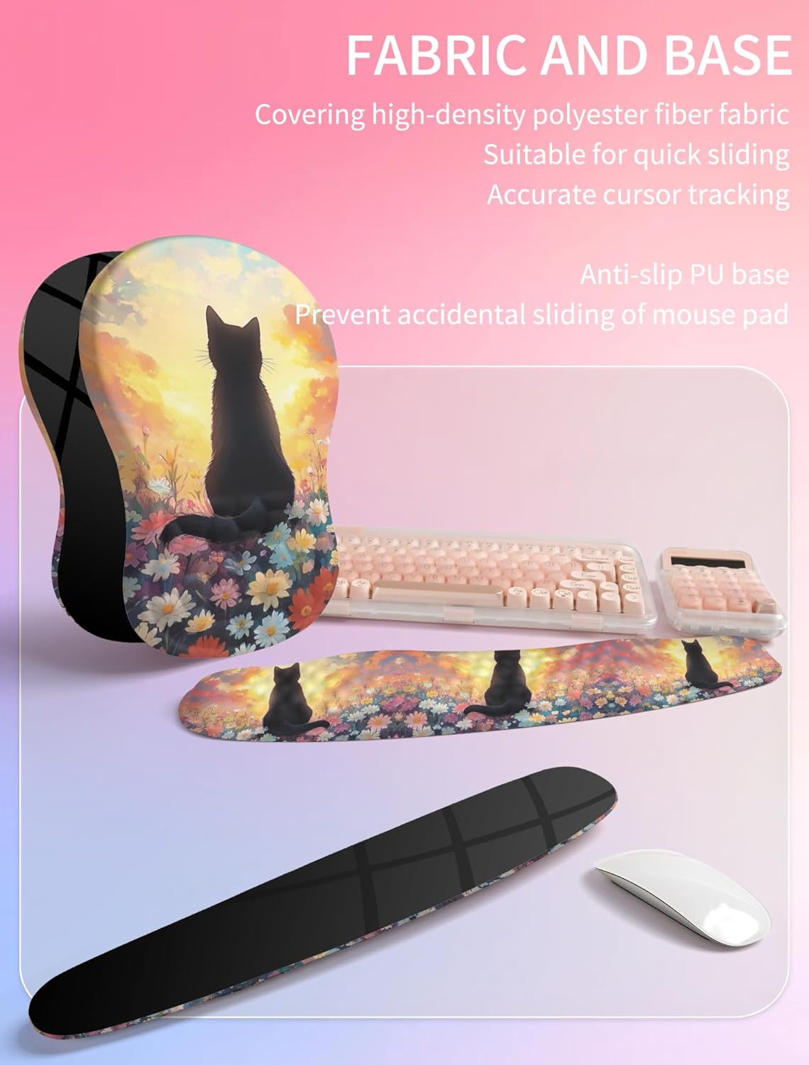 Hokafenle 2in1 Combination, Wave Keyboard Wrist Rest and Ergonomic Curvature Mouse Pad Wrist Support for Relieve Wrist Pain, Filled with Soft Cushion Memory Foam, Wishing Cat