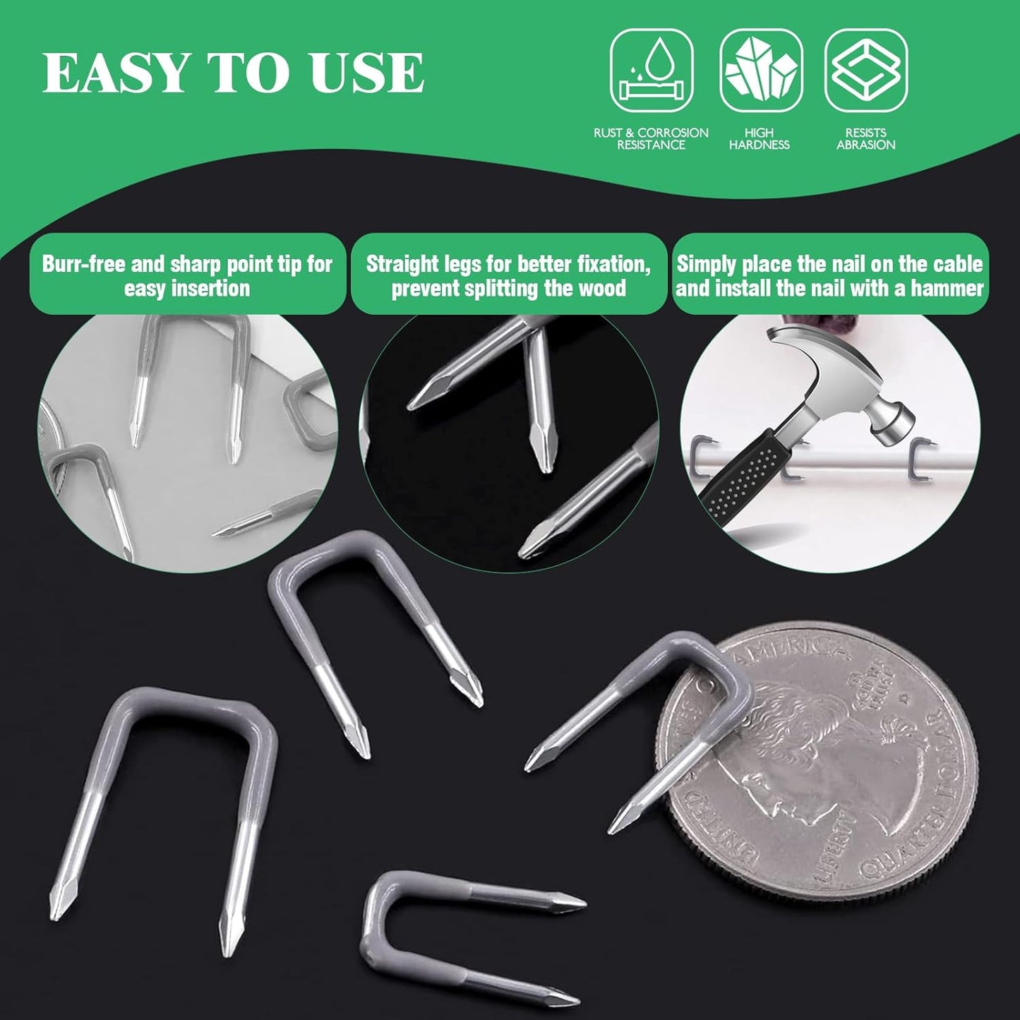 800Pcs 4mm 6mm 8mm 10mm J-Hook Ethernet Cable Nails Wire Clips with Steel Nails and 5/8" 3/4" 1/2" 1" Insulated U Staple Nail for Home Office Business