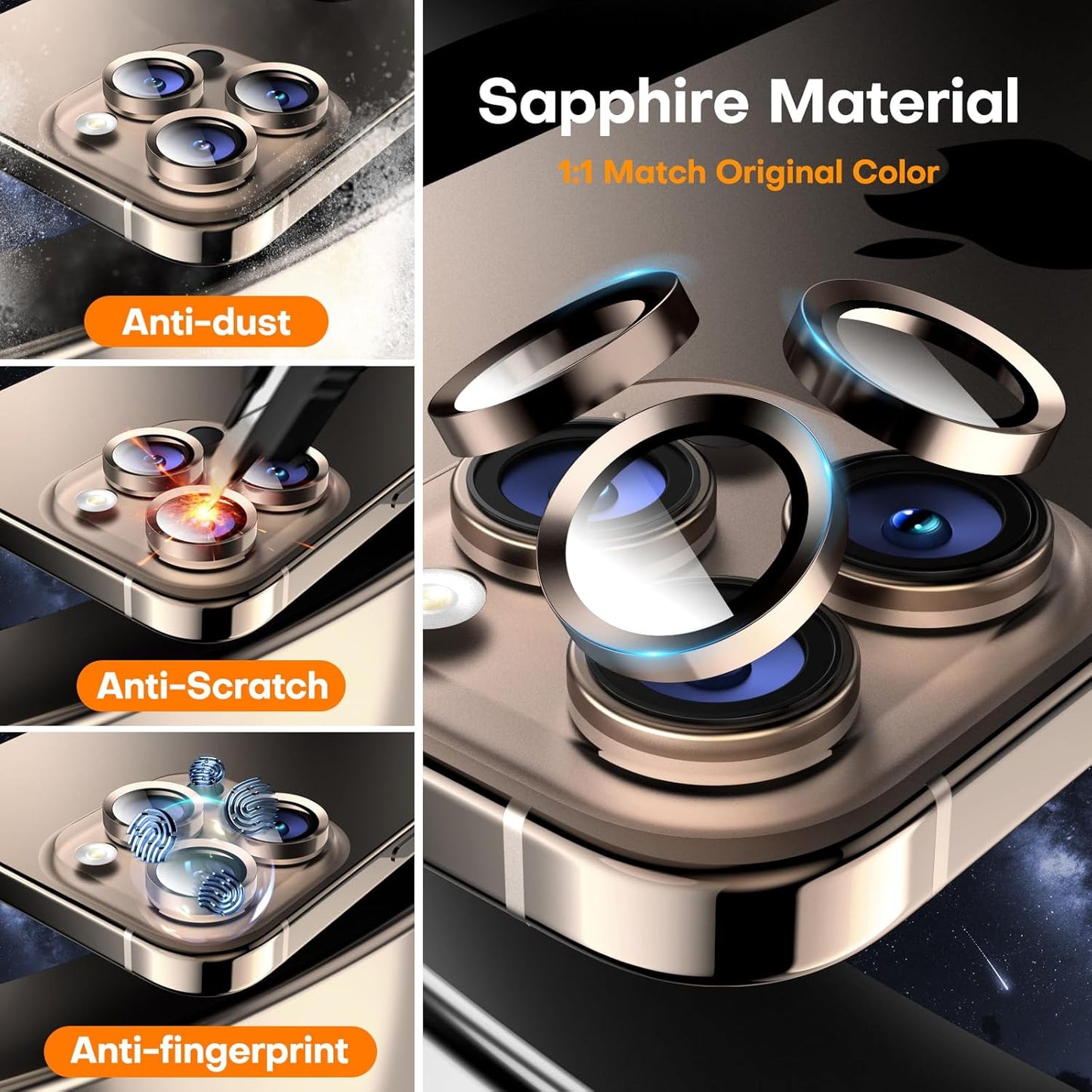 Camera Lens Protector for iPhone 16 Pro Max/16 Pro/15 Pro Max/15 Pro/14 Pro Max/14 Pro, Sapphire Glass Metal Individual Camera Cover Screen, Anti-drop, Case Friendly- Desert Titanium