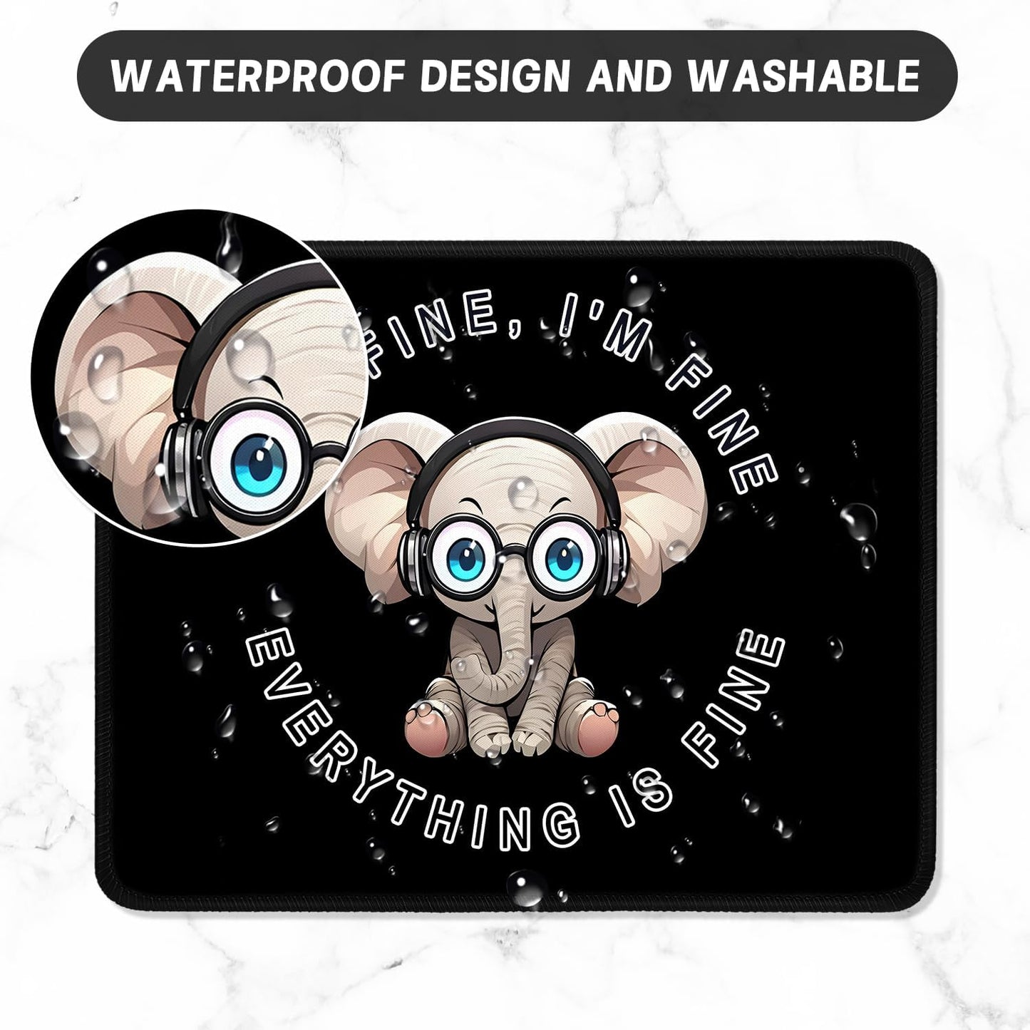 ITNRSIIET Mouse Pad with Stitched Edge Premium Textured Smooth Precise Operation Waterproof Washable Non-Slip Rubber Base Desktop Protection Mat, 10.2×8.3×0.12 inches, Pretty Fine Elephant