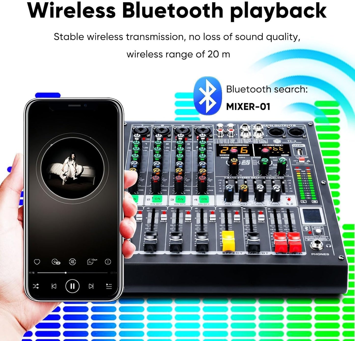 W IN-MIX 4 Channel Professional Audio Mixer with MP3 Player and Bluetooth U disk 48V Phantom Power Source USB recording for Studio Recording, Live Performances