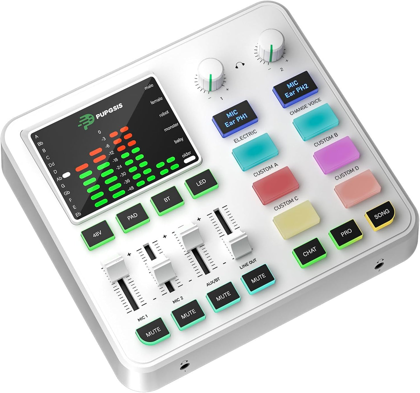 PUPGSIS qwe Gaming Audio Mixer, Audio Interface for PC/Podcast/Streaming, Sound Board with 3.5mm/XLR Mic Input, 48V Phantom Power, Voice Changer, Live Sound Card with DJ Mixer Effects(White)