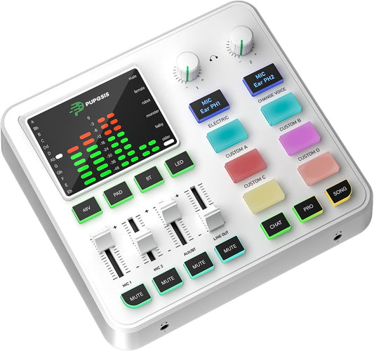 PUPGSIS qwe Gaming Audio Mixer, Audio Interface for PC/Podcast/Streaming, Sound Board with 3.5mm/XLR Mic Input, 48V Phantom Power, Voice Changer, Live Sound Card with DJ Mixer Effects(White)