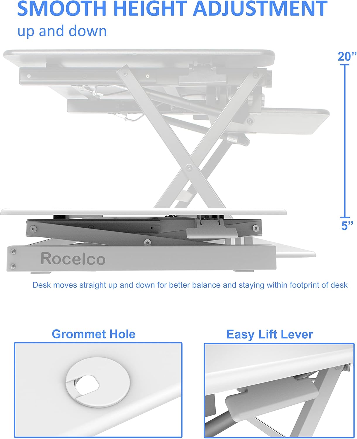 Rocelco 40" Large Height Adjustable Standing Desk Converter - Quick Sit Stand Up Dual Monitor Riser - Gas Spring Assist Computer Workstation - Retractable Keyboard Tray - White (R DADRW-40)