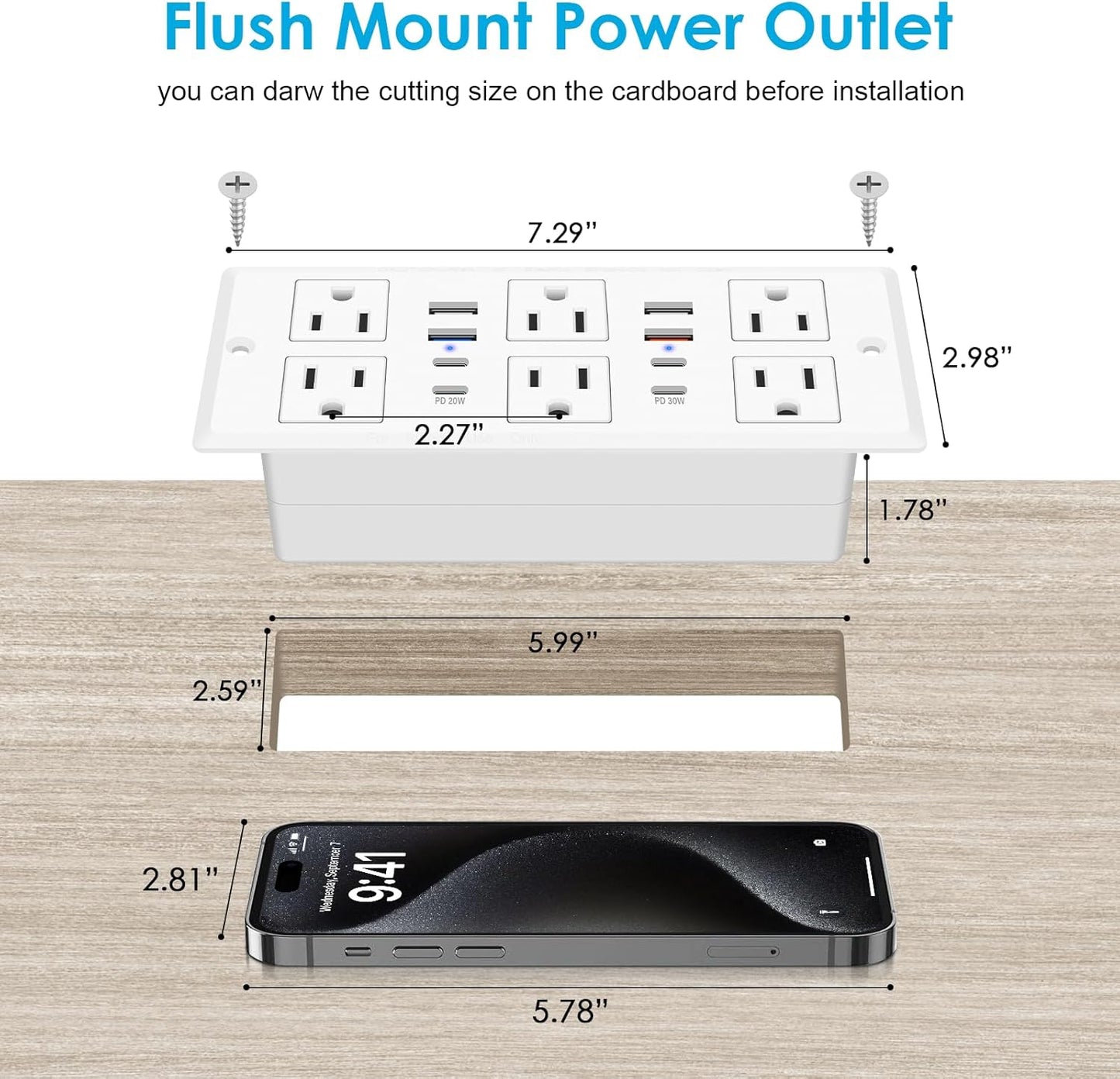 30W Recessed Power Strip USB C, Desk Flush Mount Outlet Plug in 6 AC & 8 USB Ports for Furniture Conference Power Hub, 6FT