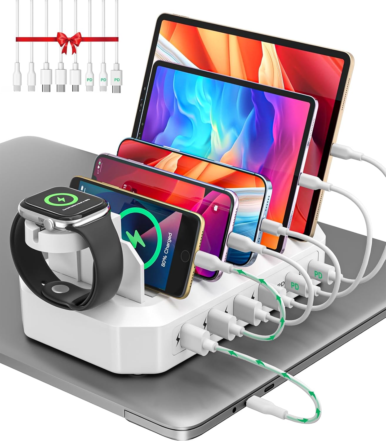 95W Fast Charging Station for Multiple Devices【UL & FCC Certified Safer Charging】 6-Port USB Charging Dock with 2 PD-Port, Compatible with iPhone/Android/MacBook/iPad/Tablet/Kindle/Apple Watch & More
