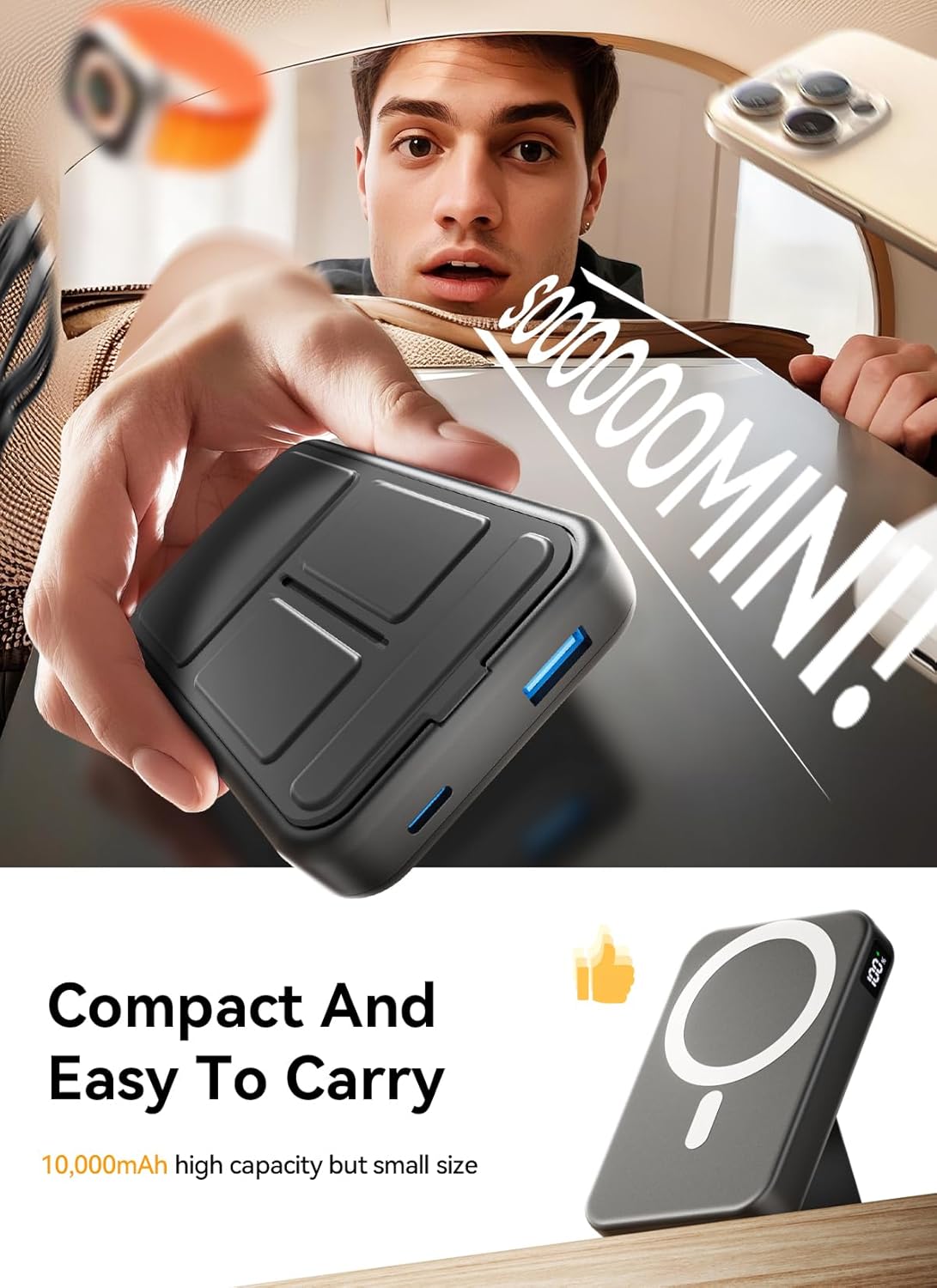 Magnetic Portable Charger, 10000mAh Wireless Power Bank with 20W USB-C Fast Charging, Foldable Stand & LED Display Magnetic Battery Pack, Compatible with iPhone 16/15/14/13/12 All Series