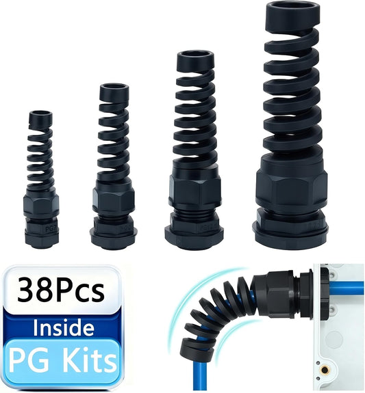 38 Pcs Waterproof Cable Gland, PG7、PG9、PG13.5、PG21 Thread 3~18mm,waterproof wire grommet Strain Relief Cord Connectors,Suitable for Various Electrical Installations