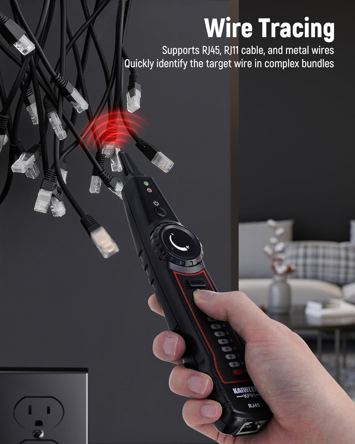 KAIWEETS Network Cable Tester, RJ45 RJ11 Wire Tracer Line Finder, Tone Generator and Probe Kit, Cable Tracer Ethernet LAN Network Cat5 Cat6 for Cable Collation, Telephone Line Test