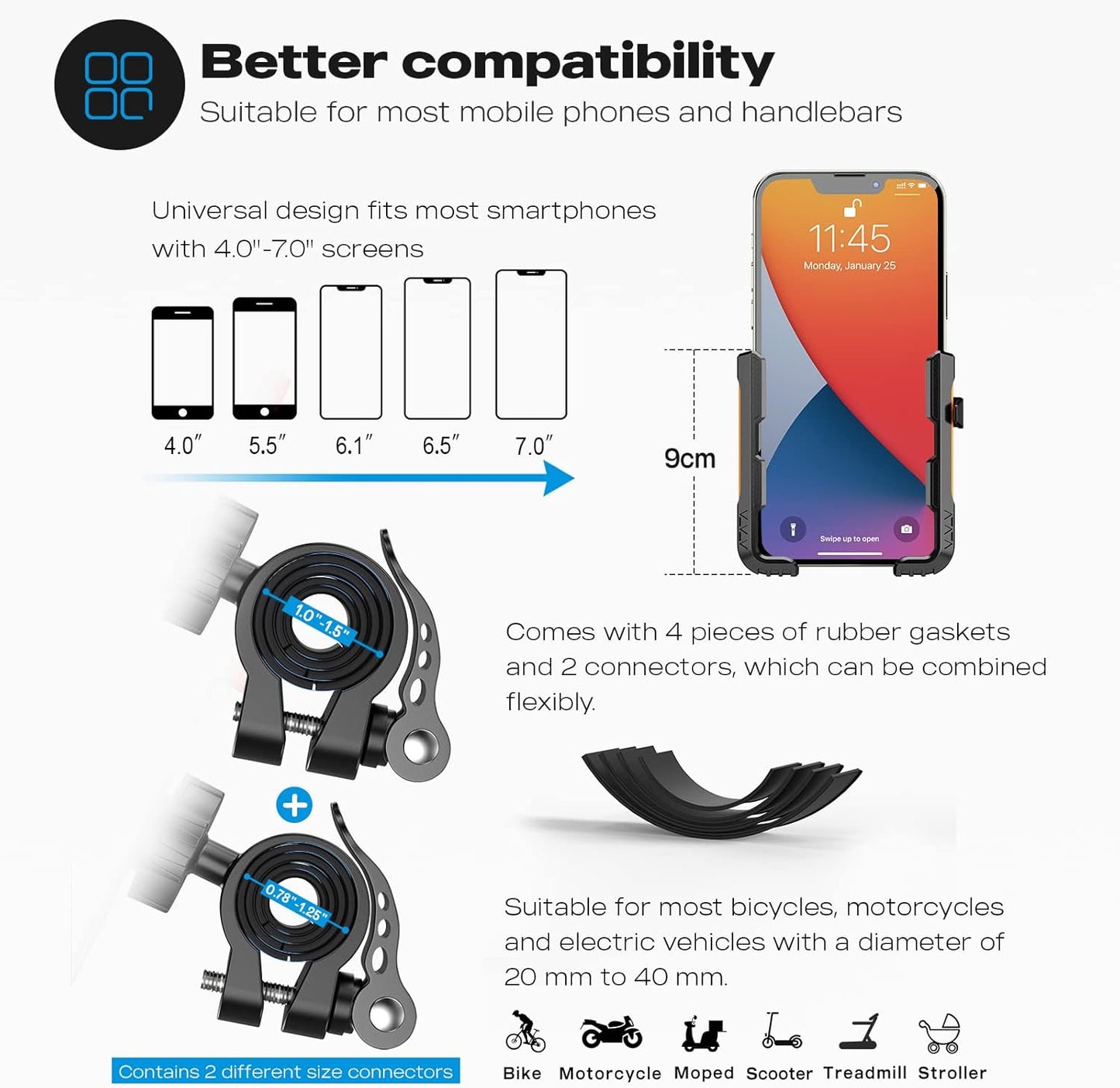 New Upgraded Bike Phone Mount Holder Two Connectors Quickly Lock and Release,360°Rotatable Bicycle Motorcycle Scooter Accessories Handlebar Phone Clip for 4.0"-7.0" Smartphone (Orange)