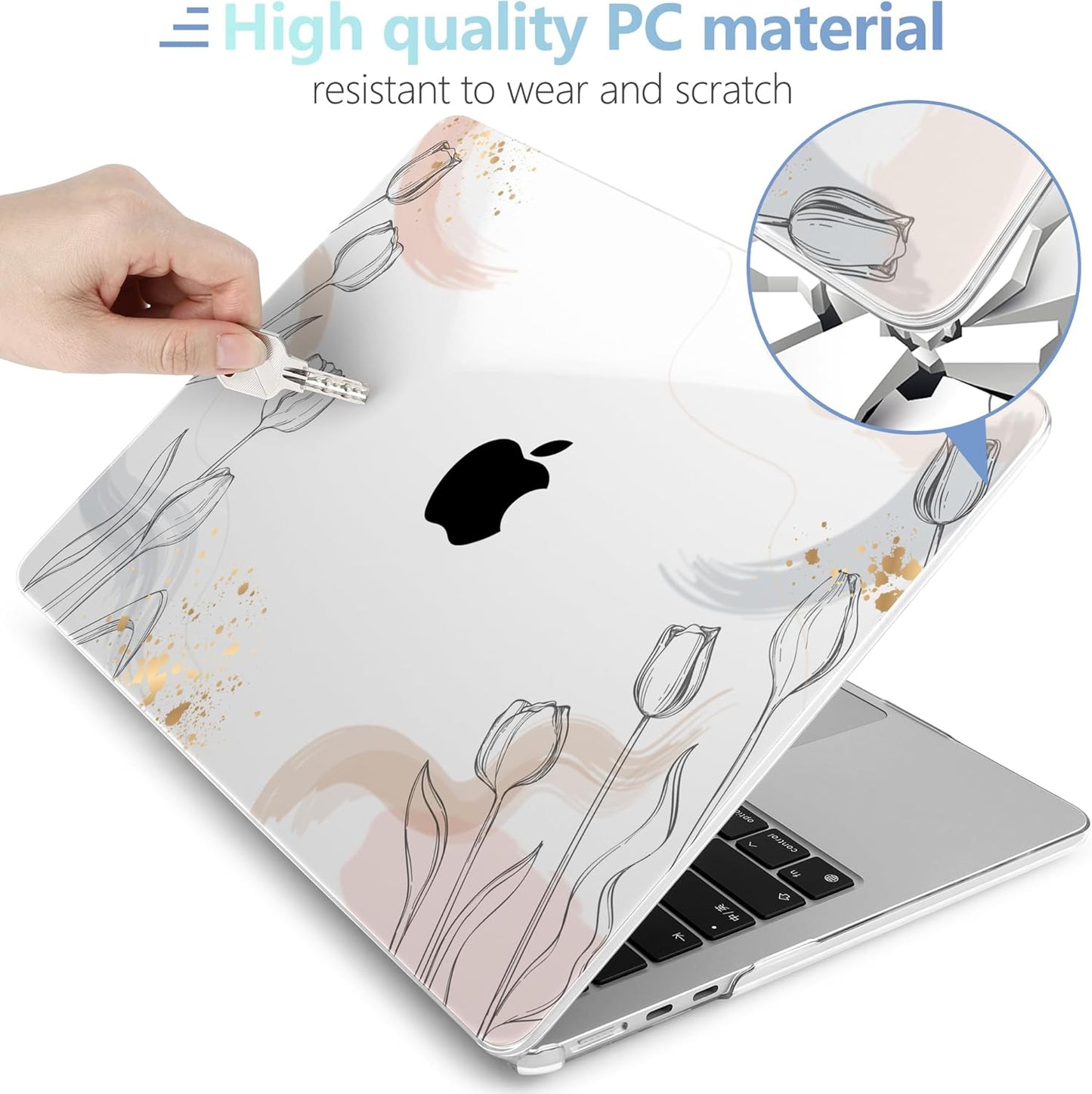 MEEgoodo Case for MacBook Air M4/M3/M2 13.6 inch 2025 2024 2022, Fit Model A3240 A3113 A2681, Compatible with MacBook Air 13 inch,Laptop Hard Shell Case with Keyboard Cover,Engraving Hand Drawn Floral