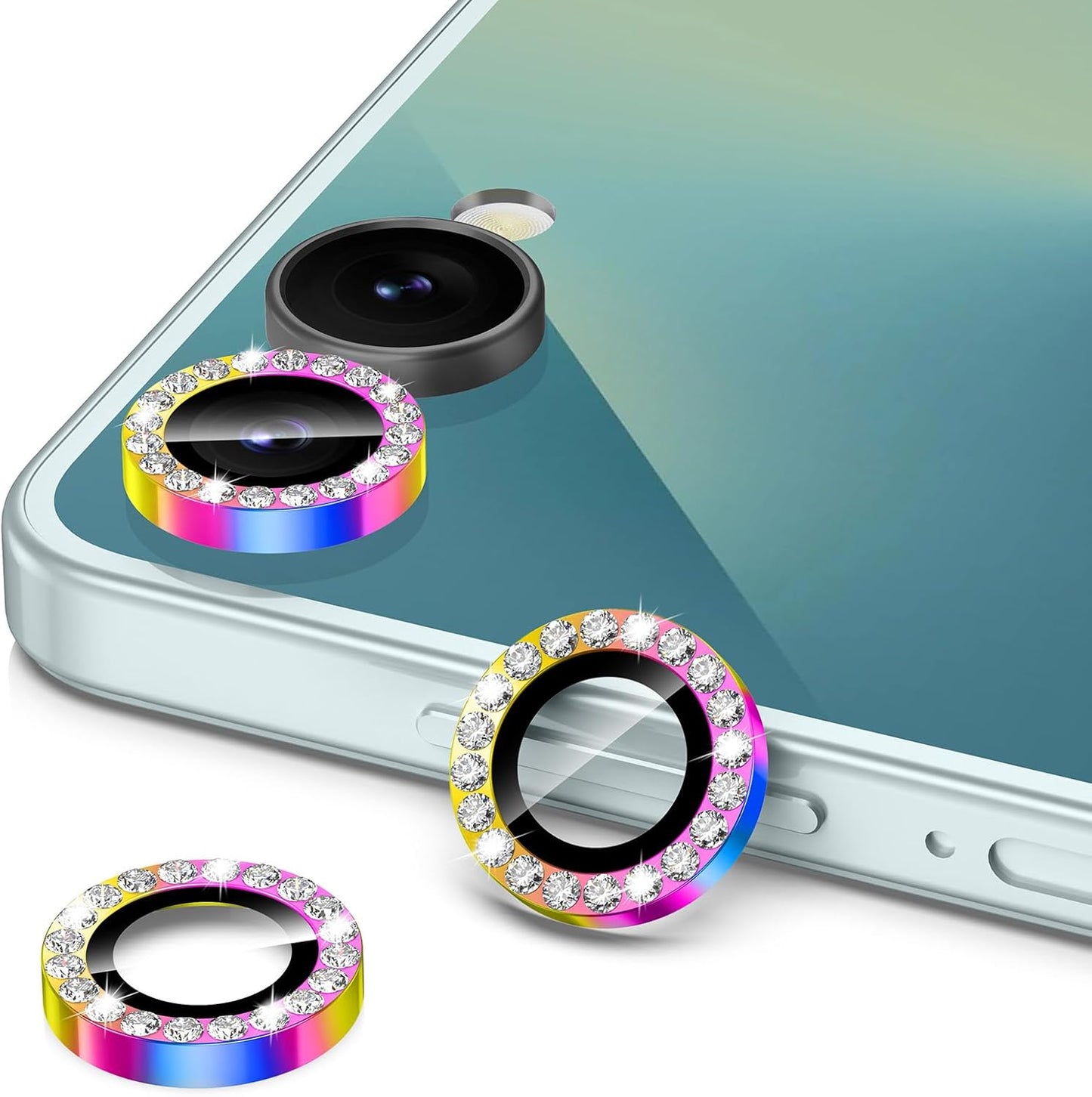 for Samsung Galaxy Z Flip 7 Camera Lens Protector, Individual Metal Ring Tempered Glass Lens Cover, [Strong Adsorption] Scratch Resistant Ultra-Thin HD Clear Lens Cover, 1 Set-Colorful Diamond