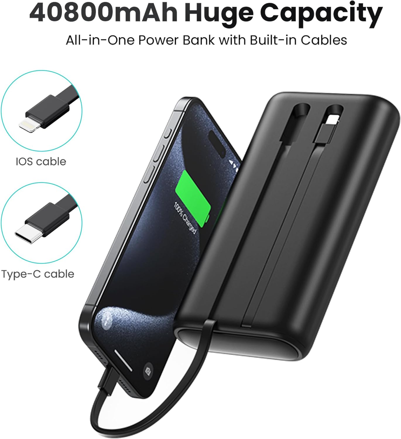 Portable Charger 40,800mAh Power Bank 25W Portable Battery Pack with 2 Built in Cables [2024 Upgraded], PD QC4.0 Fast Charging Portable Phone Charger Compatible with iPhone 16/15,Android Samsung-Black