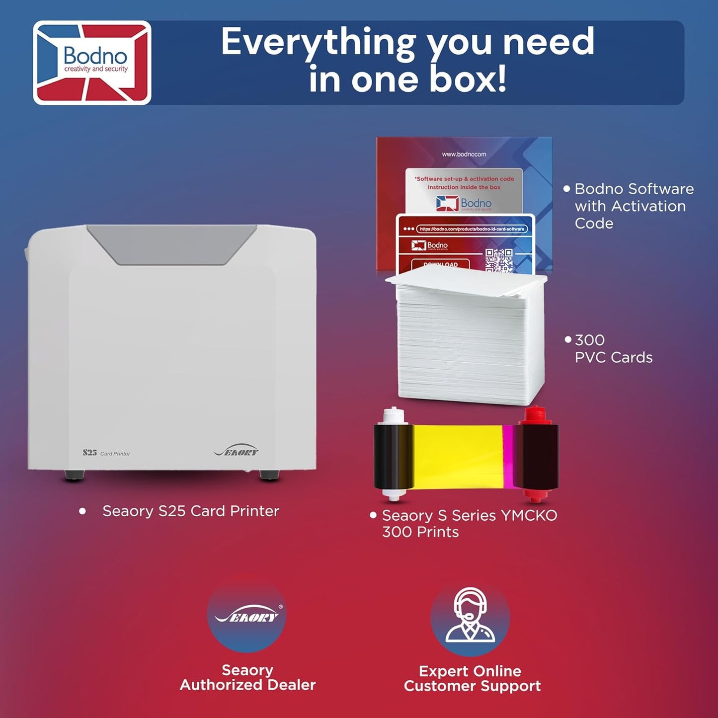 Bodno Seaory S25 Single Sided ID Card Printer & Complete Supplies Package ID Software - Silver Edition