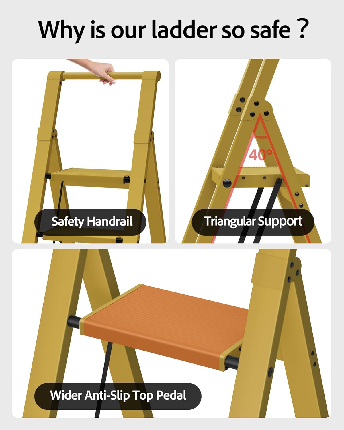 Taranta 4 Step Ladder, Lightweight Aluminum Step Stool with Convenient Handgrip, Folding Ladder with Anti-Slip Pedals, 330lbs Capacity Stepladder for Home, Office, Kitchen - Twilight Yellow