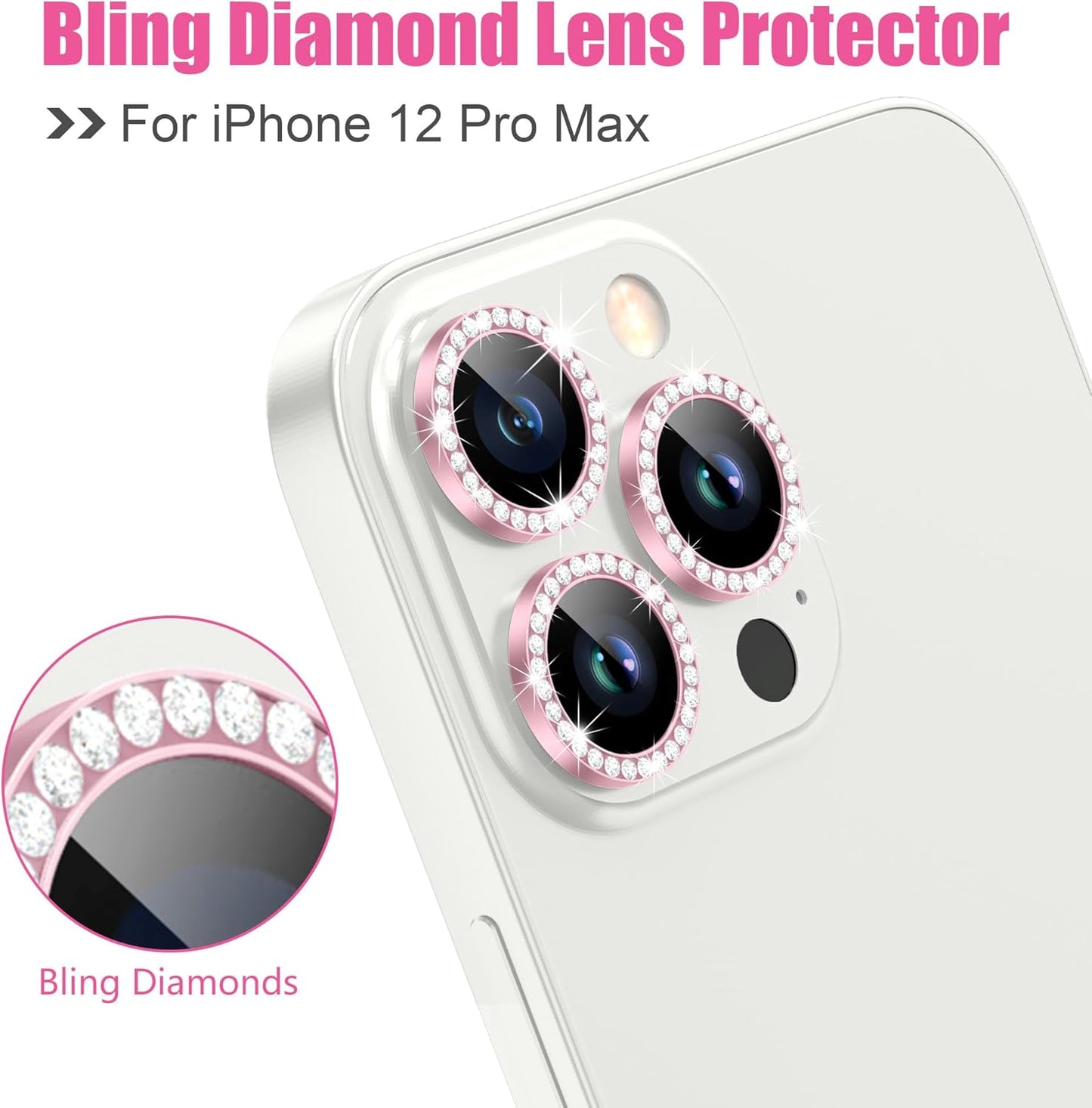 AGVEE 3+3 6 Pack for iPhone 12 Pro Max 6.7" Camera Lens Cover Protector, Bling Diamond & Bling Glitter Metal Ring 9H Tempered HD Glass Camera Cover Protector Film, Bling-Pink