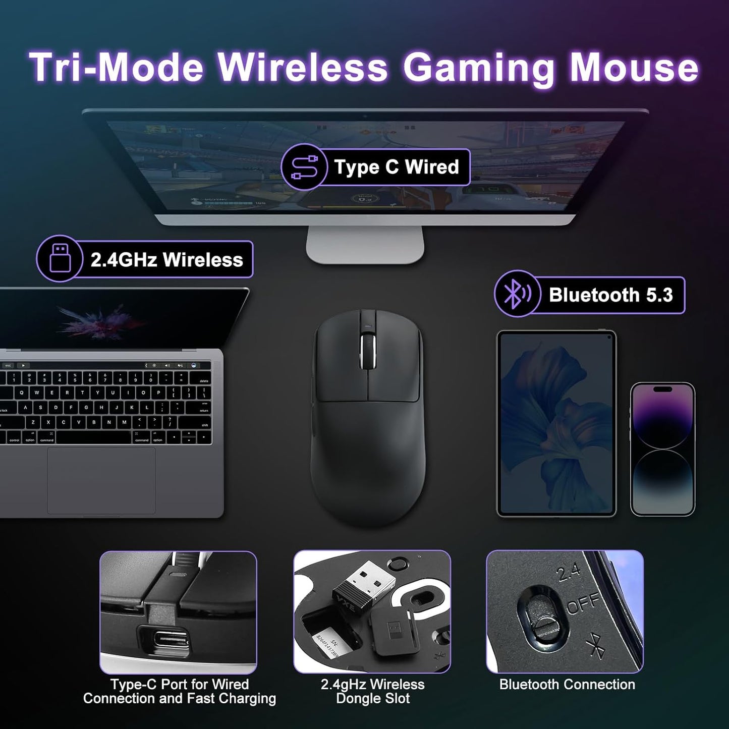 R1 SE+ Gaming Mouse, 18000 DPI, High-Precision PAW3395 SE Sensor,55g Lightweight,Three Connection Modes Wireless Mouse, Programmable Ergonomic Mouse Suitable for Laptops/PC/Mac (Black)