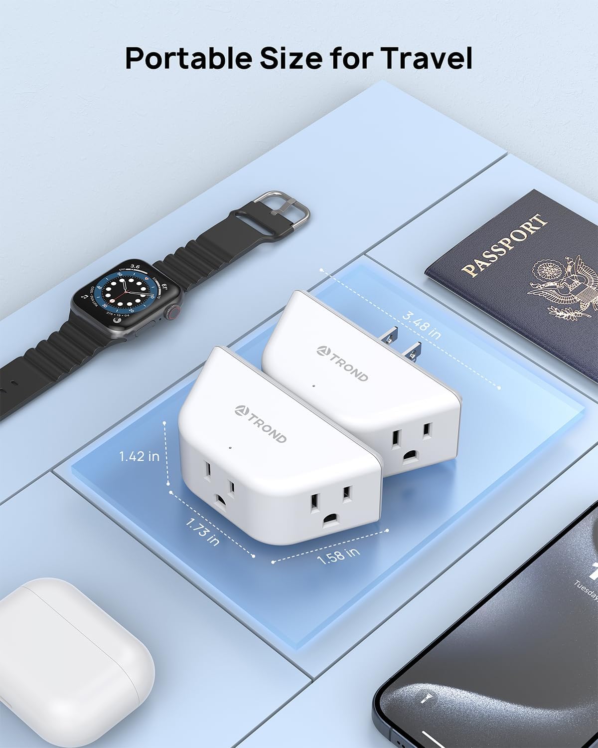 TROND 2 Prong to 3 Prong Outlet Adapter 2 Pack, 3-Way Angled Wall Extender with 3 AC Sockets, Plug Expander for Non-Grounded Outlets in Old House, Cruise Ship Essentials, White