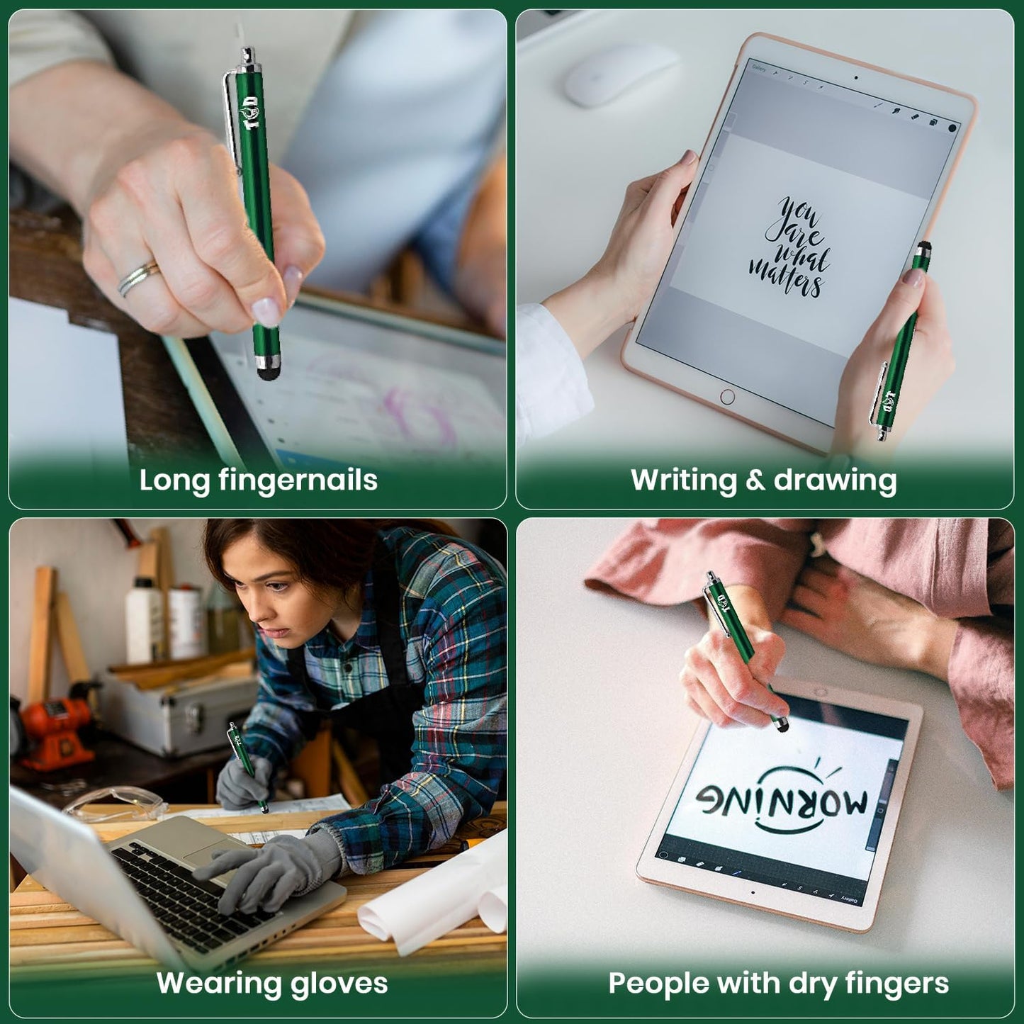 TCD 10-Pack Stylus Pen Set – Universal Capacitive Pen for iPad, iPhone, Tablet, Laptop – Premium Thick Rubber Tip Styluses for All Touchscreen Devices, Green