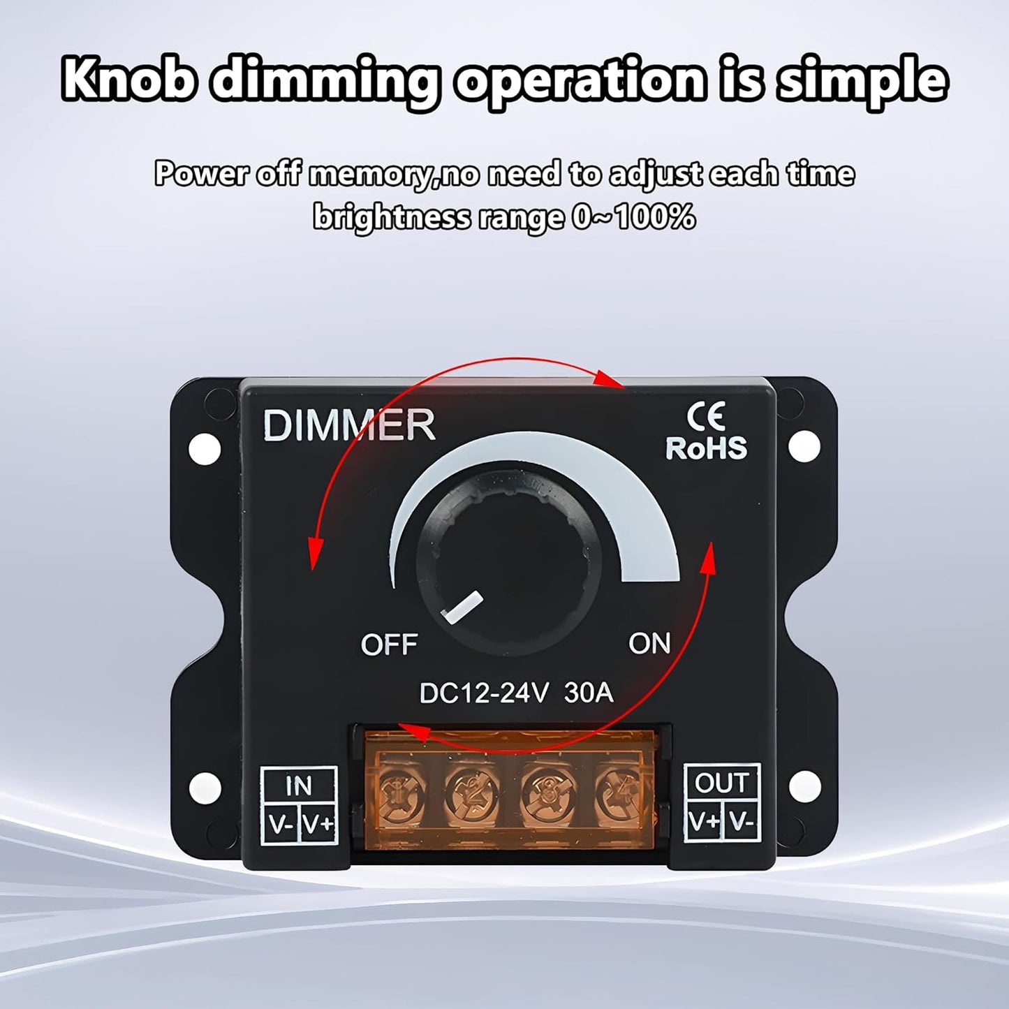 MAYWILLA LED Light Strip Dimmer Controller,DC 12V-24V 30A PWM Stepless Dimming Switch with Adjust Brightness ON/Off Knob and Aluminum Case for Single Channel 5050 3528 LED Light Strip