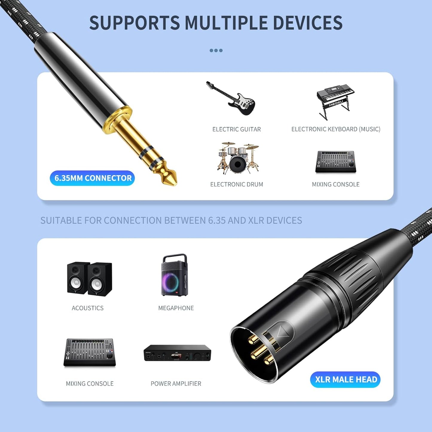 Kumiho XLR Male to 1/4 Inch 6.35mm TRS Stereo Cable Hi-Fi Balanced Bi-Shielded Interconnect Patch Cables for Microphones, Amplifiers, Mixers, Speakers 15FT