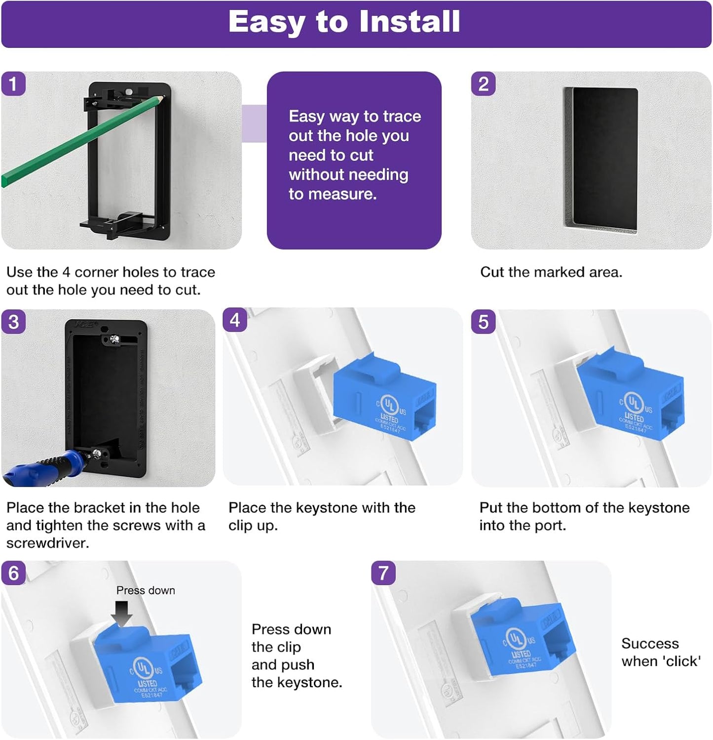 VCE Ethernet Wall Plate (UL-Listed) 1-Port, Keystone Jack Wall Outlet with CAT6 Keystone Inline Coupler Insert and Low Voltage Mounting Bracket 1 Gang, Blue 2-Pack