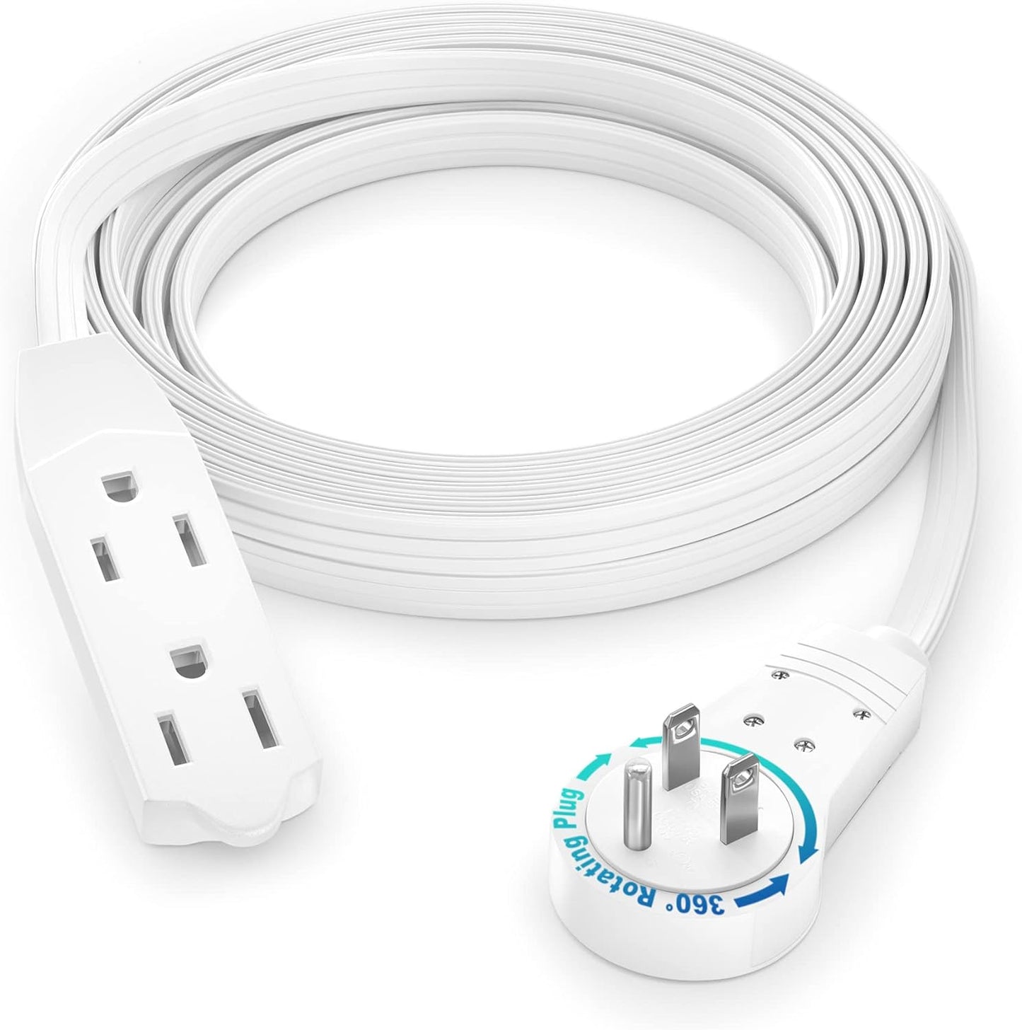 Maximm Cable 10 Ft 360° Rotating Flat Plug Extension Cord/Wire, 16 AWG Multi 3 Outlet Extension Wire, 3 Prong Grounded Wire - White - UL Certified