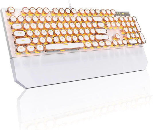 MageGee Typewriter Mechanical Gaming Keyboard, Retro Gold Punk Round Keycaps LED Backlit Wired Keyboards for Laptop MAC PC Gamer, with Magnetic Wrist Rest - Blue Switch