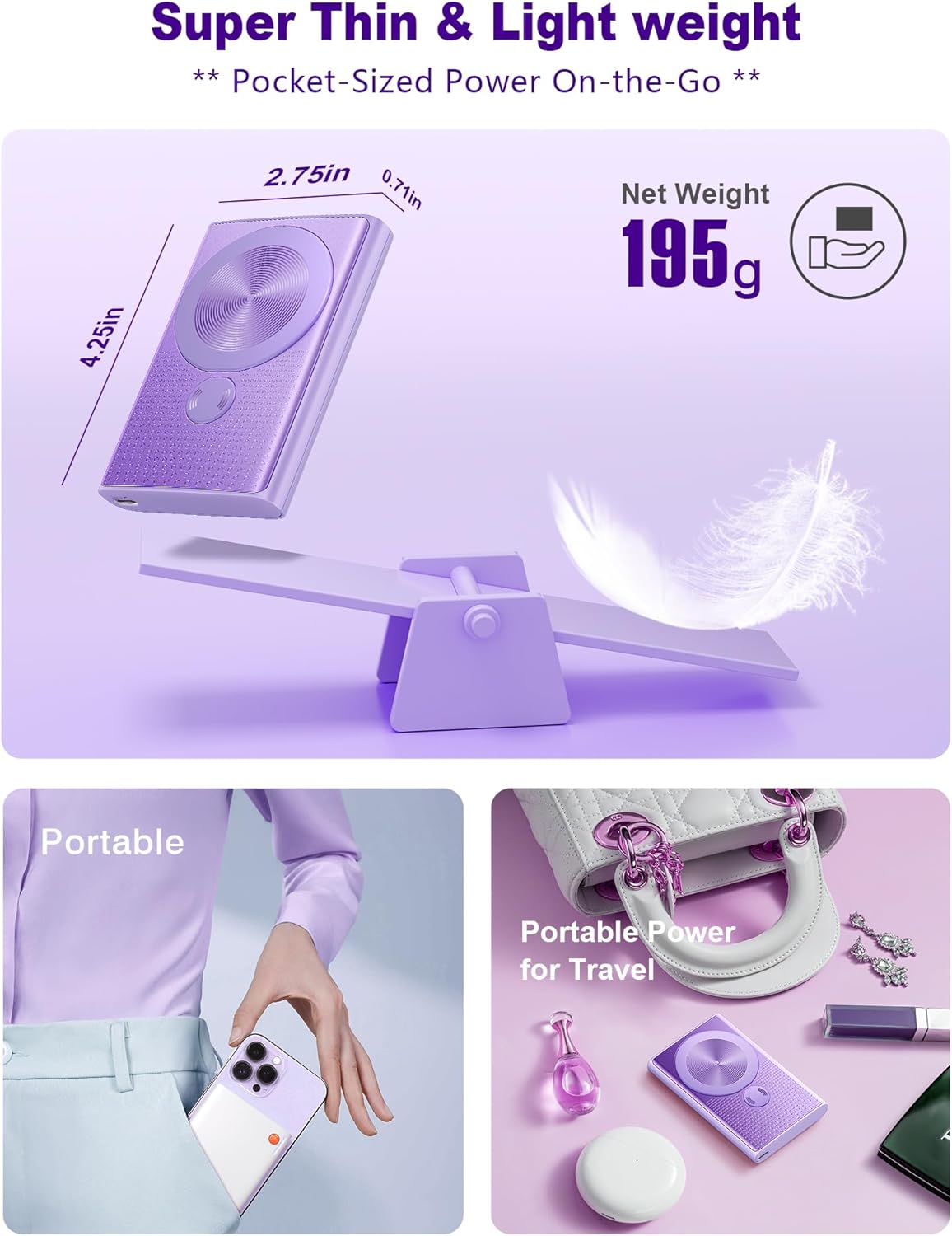 Kesguar Magnetic Portable Charger, 10000mAh 22.5W PD Super Fast Charging Wireless Power Bank. Ultra-Strong Magnet, USB C in&Out Battery Pack for Magsafe, iPhone 16/15/14/13/12 Pro Series, Purple