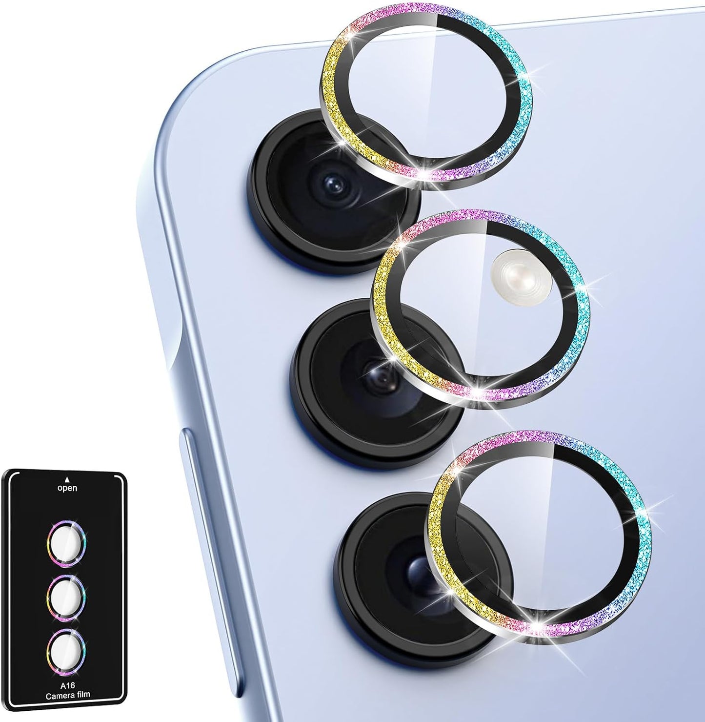 for Samsung Galaxy A16 Camera Lens Protector, Individual Metal Ring Tempered Glass Lens Cover, [Strong Adsorption] Scratch Resistant Ultra-Thin HD Clear Lens Cover, 1 Set-Colorful Sparkly