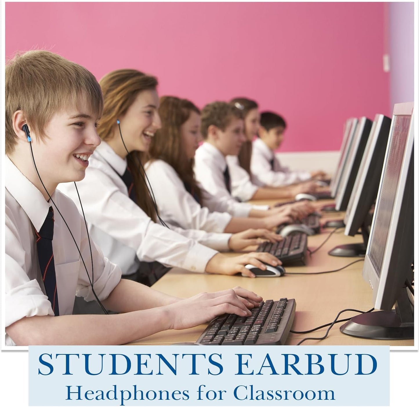 Kanayu 100 Pack Wired Earbuds Bulk for Classroom Ear Headphones Wired Basic Student Earbuds No Microphone with 3.5mm Jack for Kids Class Laptop School Library, Individually Bagged(Blue)