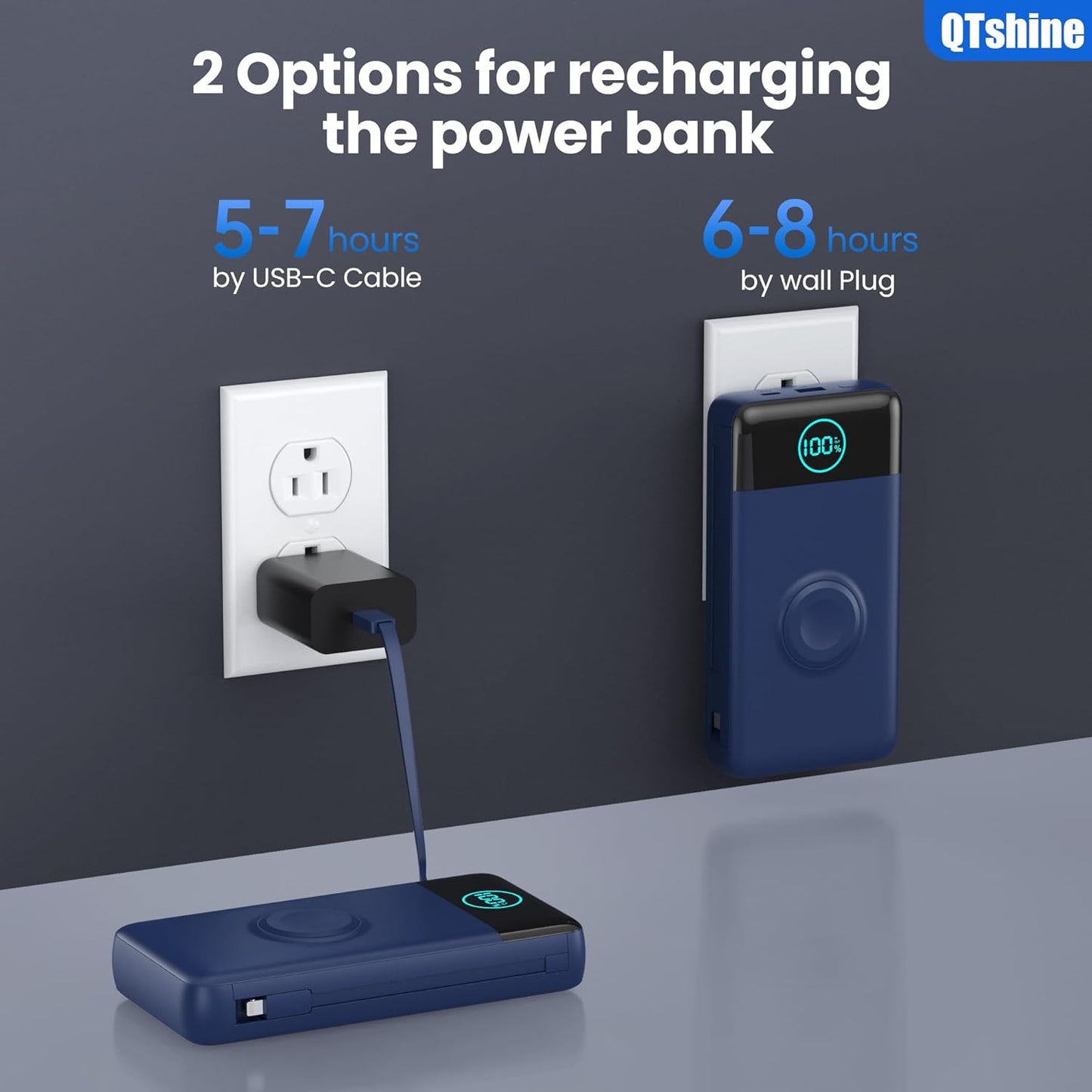 Portable Charger 40800mAh Power Bank with Built-in Cables,Wall Plug and iWatch Charger,6-in-1 QC4.0+25W PD USB C Fast Phone Charging,LCD Display Battery Pack for iPhone 16/15,Apple Watch,Galaxy-Navy