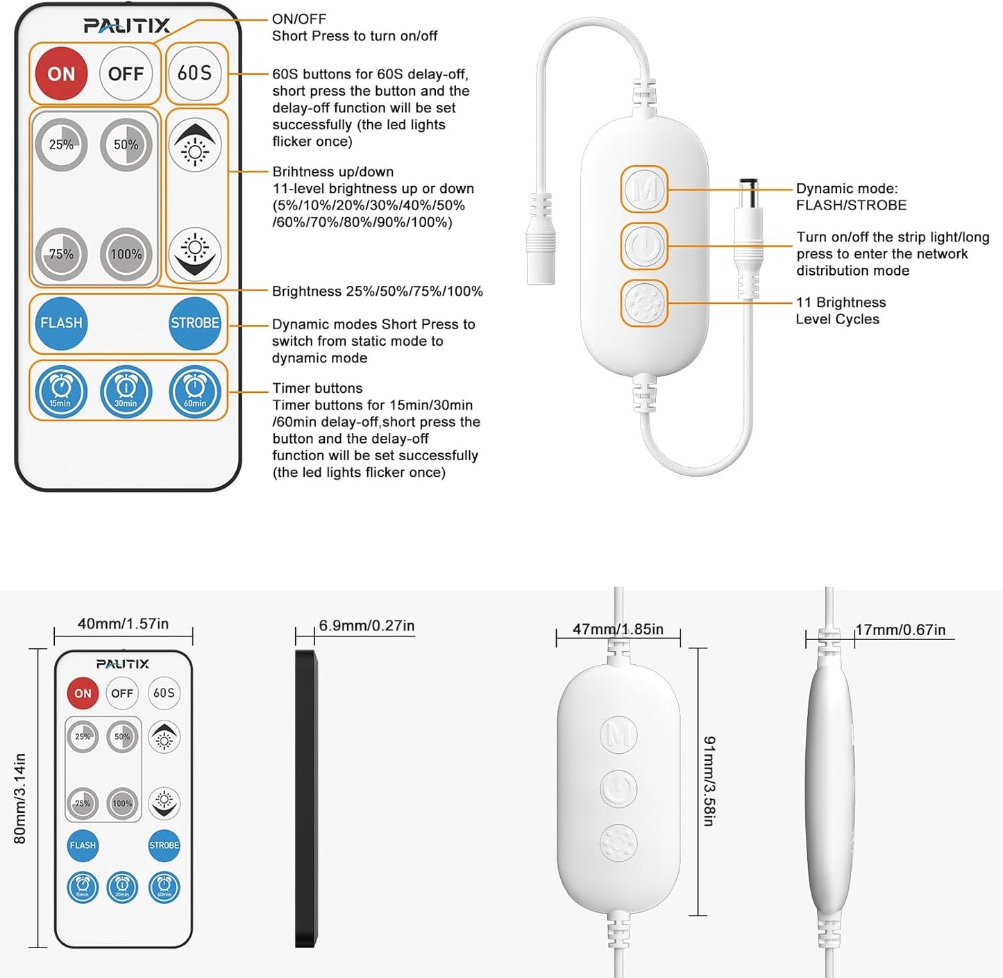 PAUTIX 2-Way RF WiFi Smart Remote Dimmer for Single Color LED Strip Lights,Work with Alexa and Google,14-Key Wireless Remote,DC 12-24V Controller for 3528/2835/5050/COB LED Strip Light(One to Two Way)