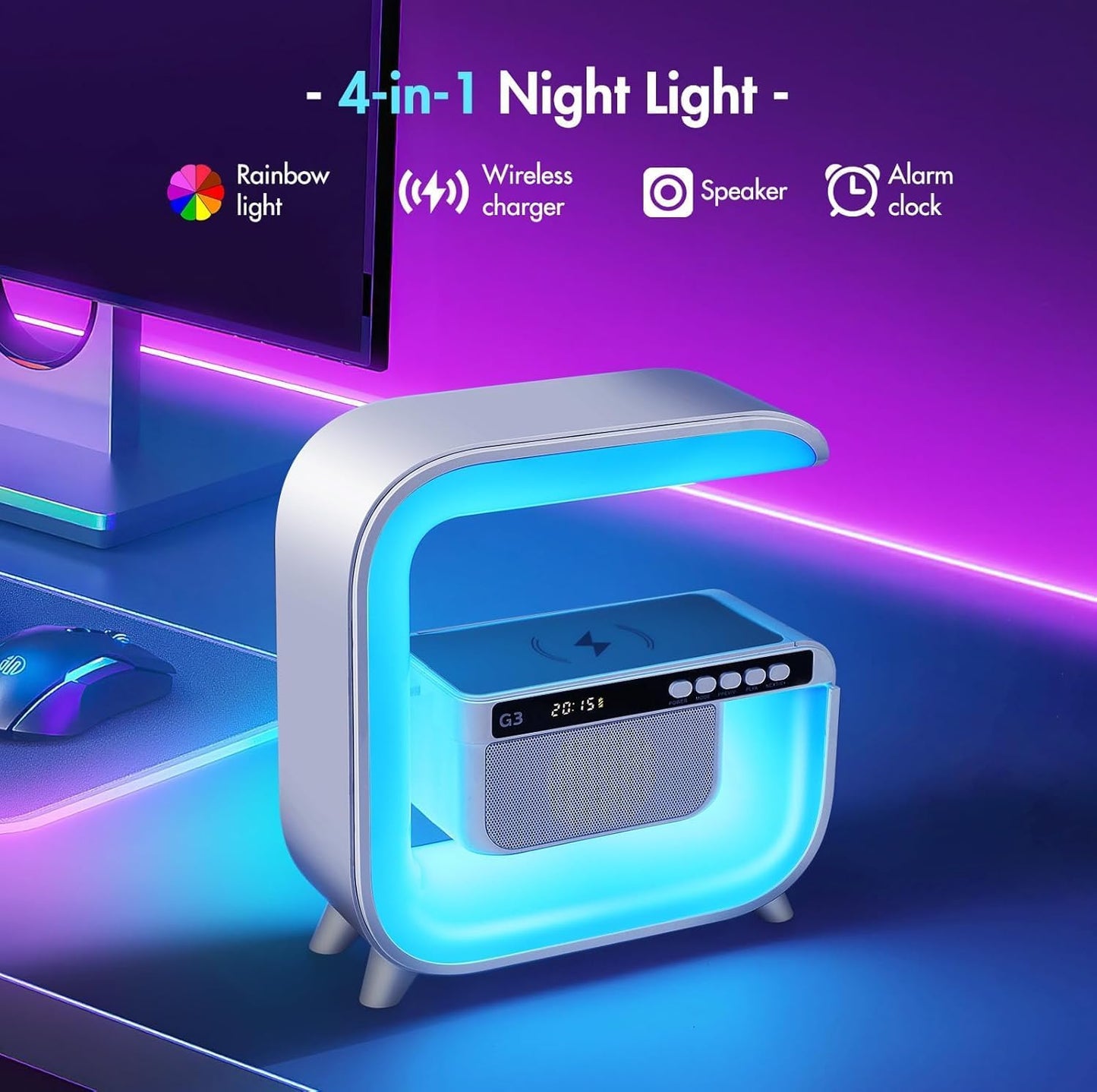 Table Lamp with Hi-Fi Bluetooth Speaker, Bedside LED Lamp with Up to 15W Qi Wireless Charger, Color Changing Mood Lamp with Alarm Clock, Desk Lamp for Bedroom, Nightstand, Home Decor, Gift - g3