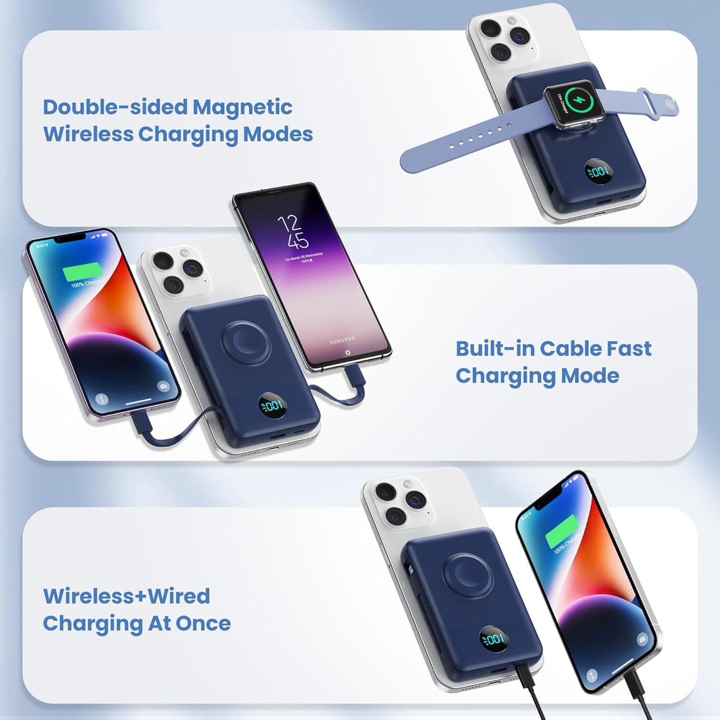 Magnetic Portable Charger for iPhone with Built-in Cables, 6-in-1 10800mAh Power Bank with iWatch Charger & LCD Display,25W Fast Charging Battery Pack for iPhone 16/15/14/13/12,Apple Watch (Blue)