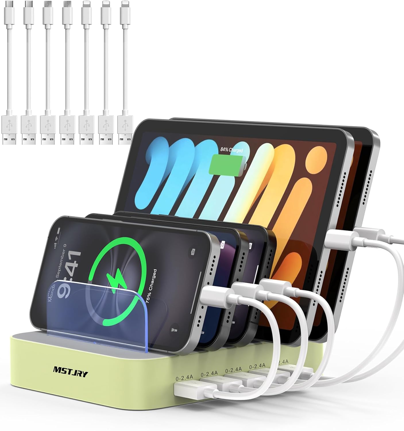 MSTJRY Charging Station for Multiple Devices : 5 Port Multi USB-A Charger Stations Multi-Device Organizer Charging Dock Designed for iPhone iPad Cell Phone Tablets (7 Short Cables Included), Cyan