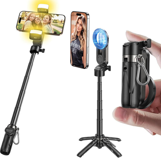 MAGIC JOHN Phone Tripod with 2 Selfie Light, Portable Pocket Size Selfie Stick for iPhone Magsafe, Selfie Stick with Wireless Detachable Remote Control for Photograph, Live Streaming, Video Recording