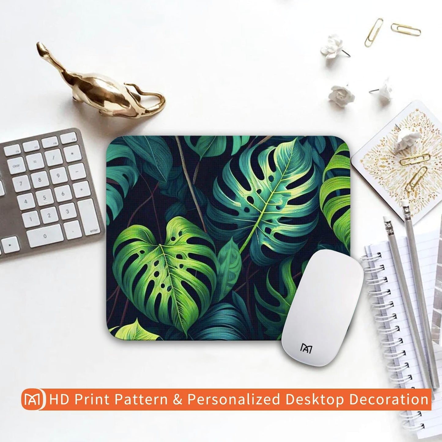 Square Mouse Pad Green Leaves, Personalized Premium-Textured Custom Mouse Mat Design, Washable Mousepad Cloth, Non-Slip Rubber Base Computer Mouse Pads for Wireless Mouse