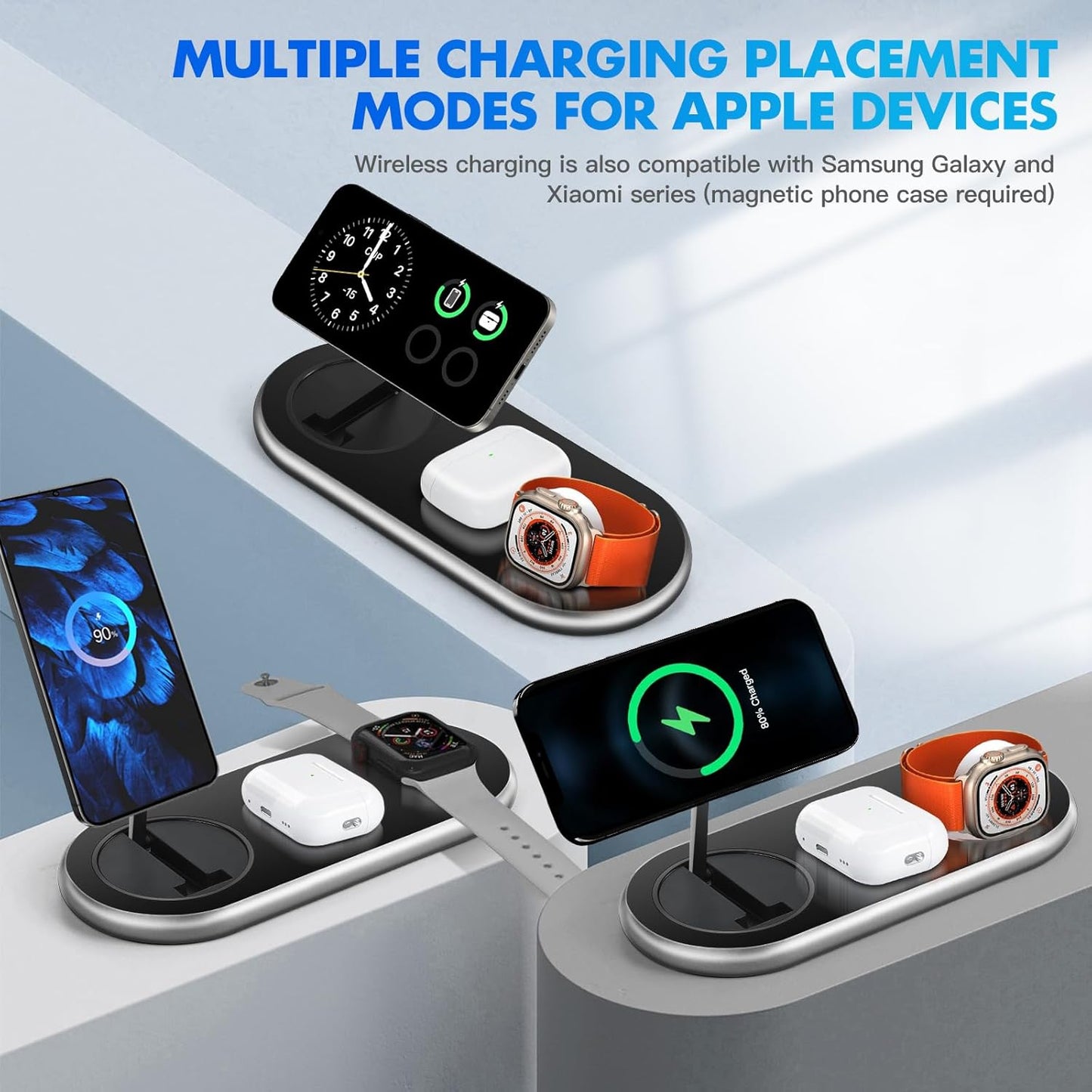 Wireless Charger iPhone Apple Qi2 Magsafe Charger 3 in 1 Charging Station Apple Magsafe Charger Stand for iPhone 16 15 14 13 12 Plus Pro Max, Apple Watch 1-9 Ultra, Airpods 2-3 Series